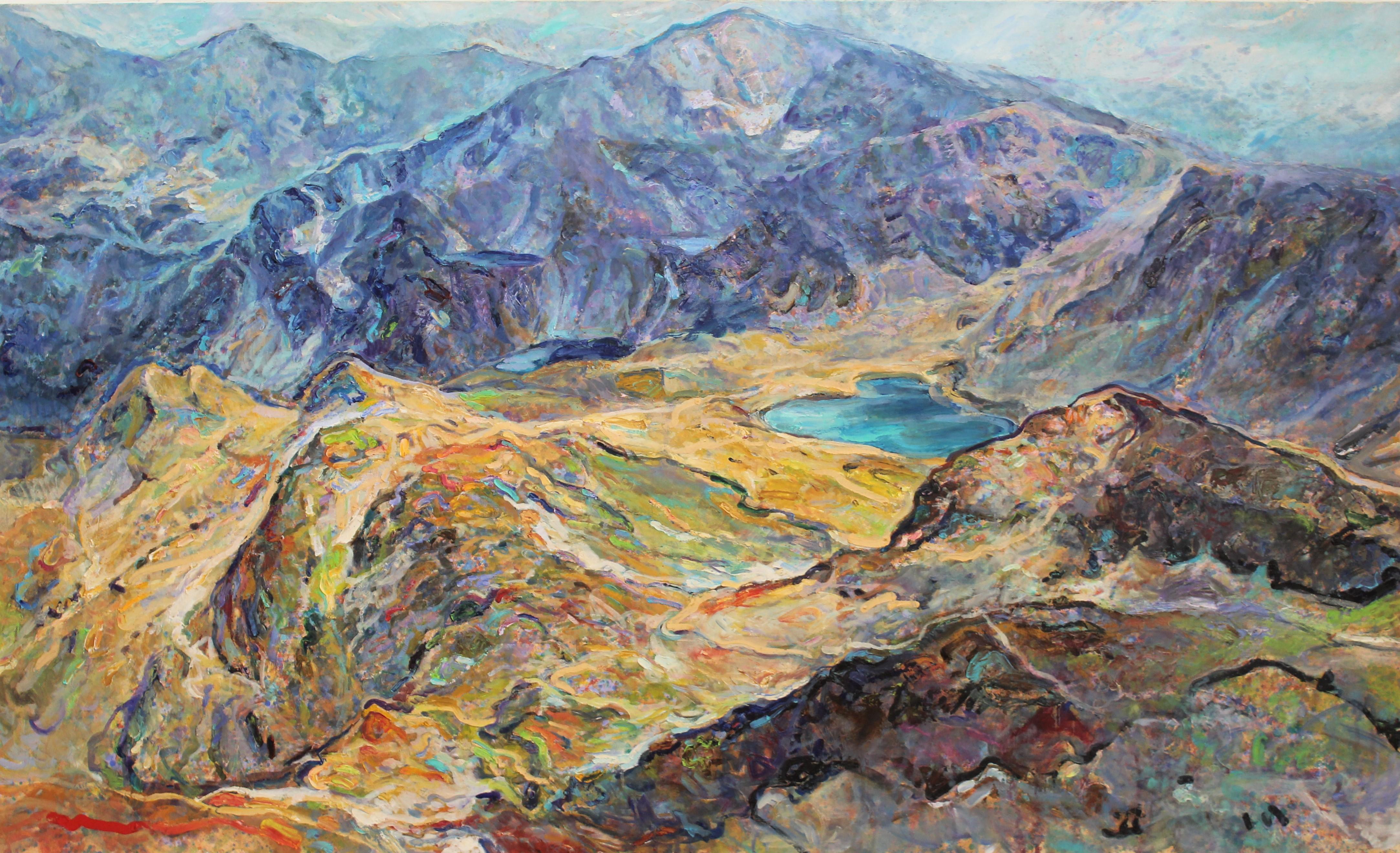 Elena Georgieva Landscape Painting – Seven Rila Lakes - Ölgemälde in den Farben Rosa, Blau, Weiß, Lila, Grün, Braun und Grau