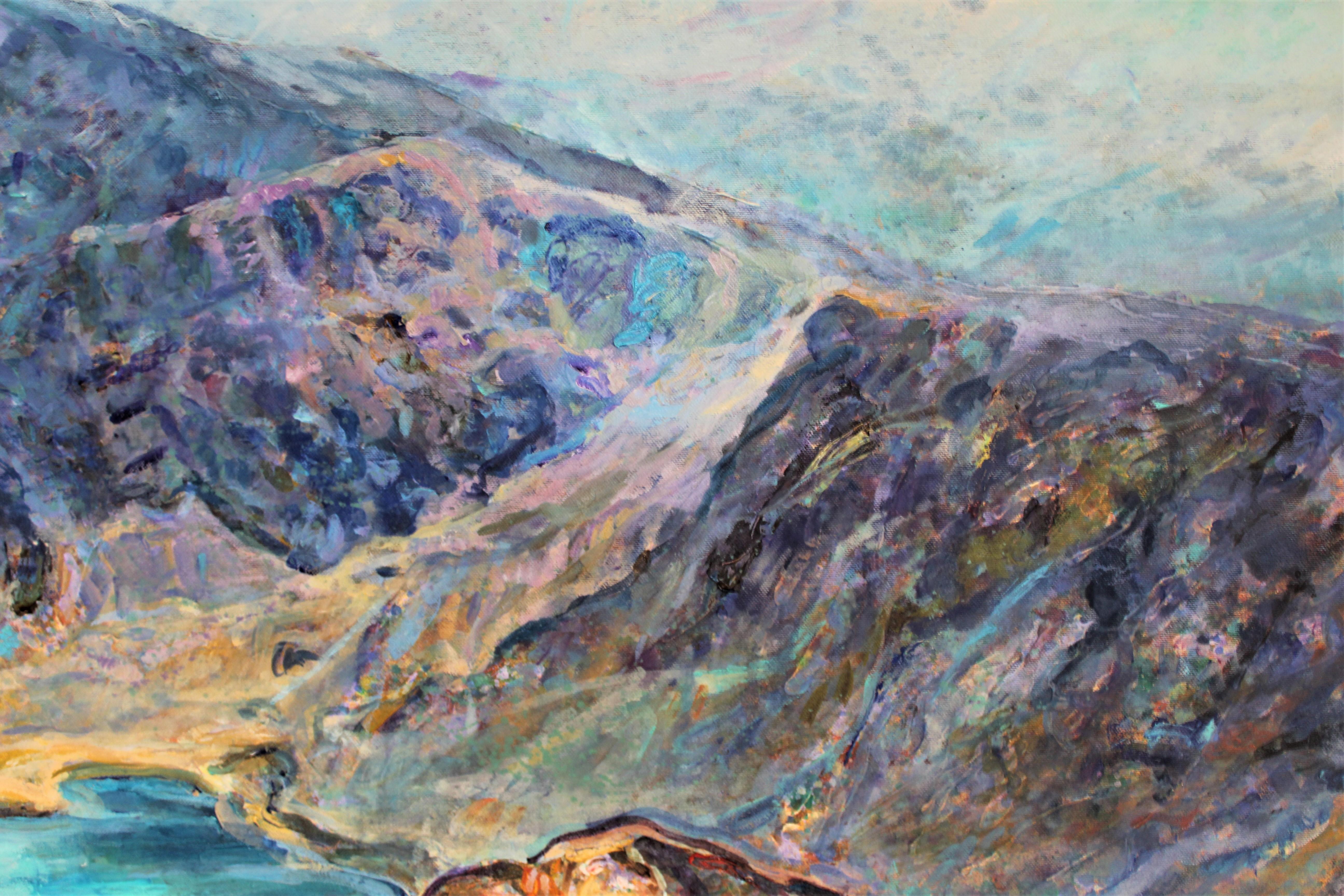 Seven Rila Lakes - Ölgemälde in den Farben Rosa, Blau, Weiß, Lila, Grün, Braun und Grau – Painting von Elena Georgieva