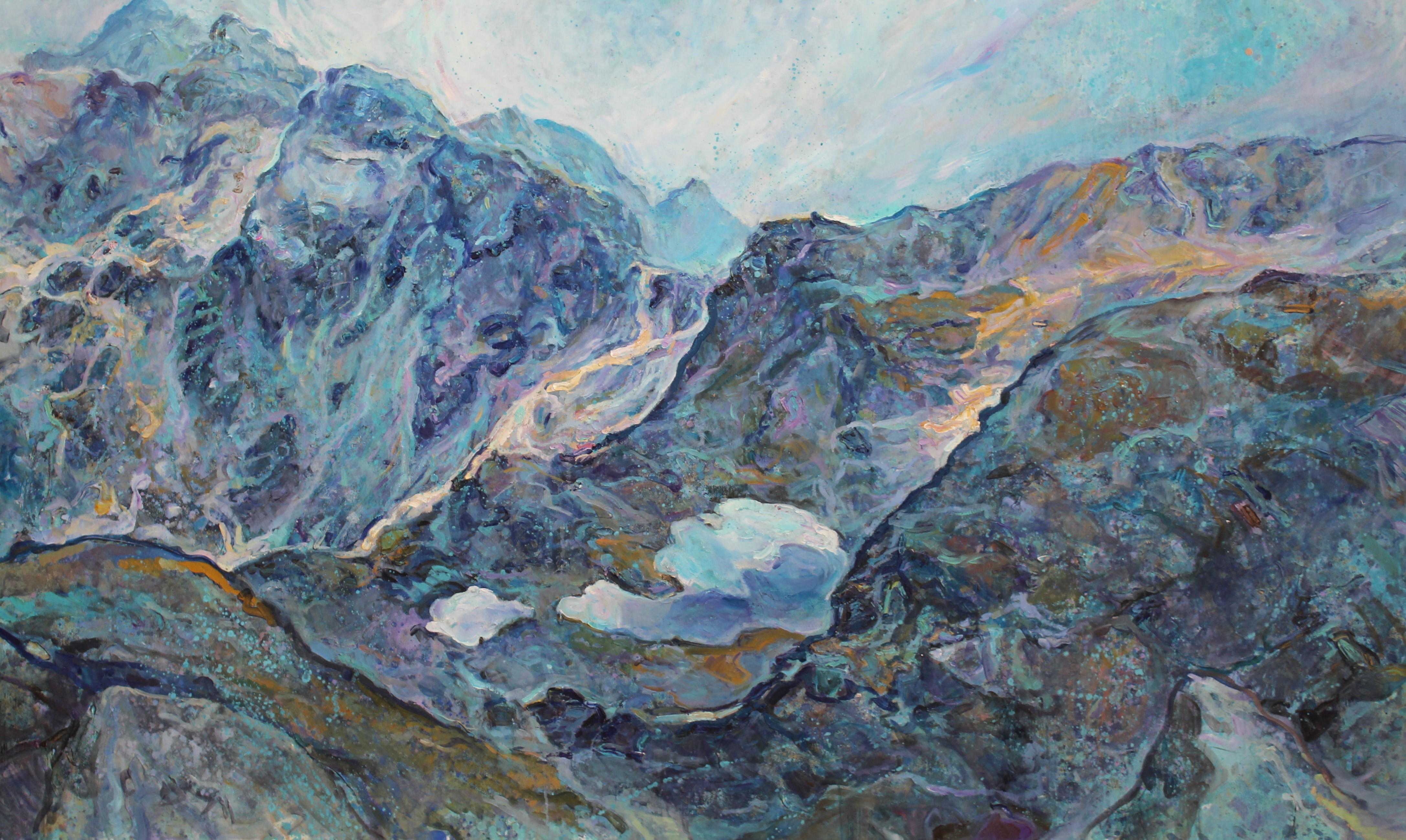 Landscape Painting Elena Georgieva - Elena, Lacs de Rila- Peinture à l'huile Couleurs Bleu Blanc Pourpre Brun Gris