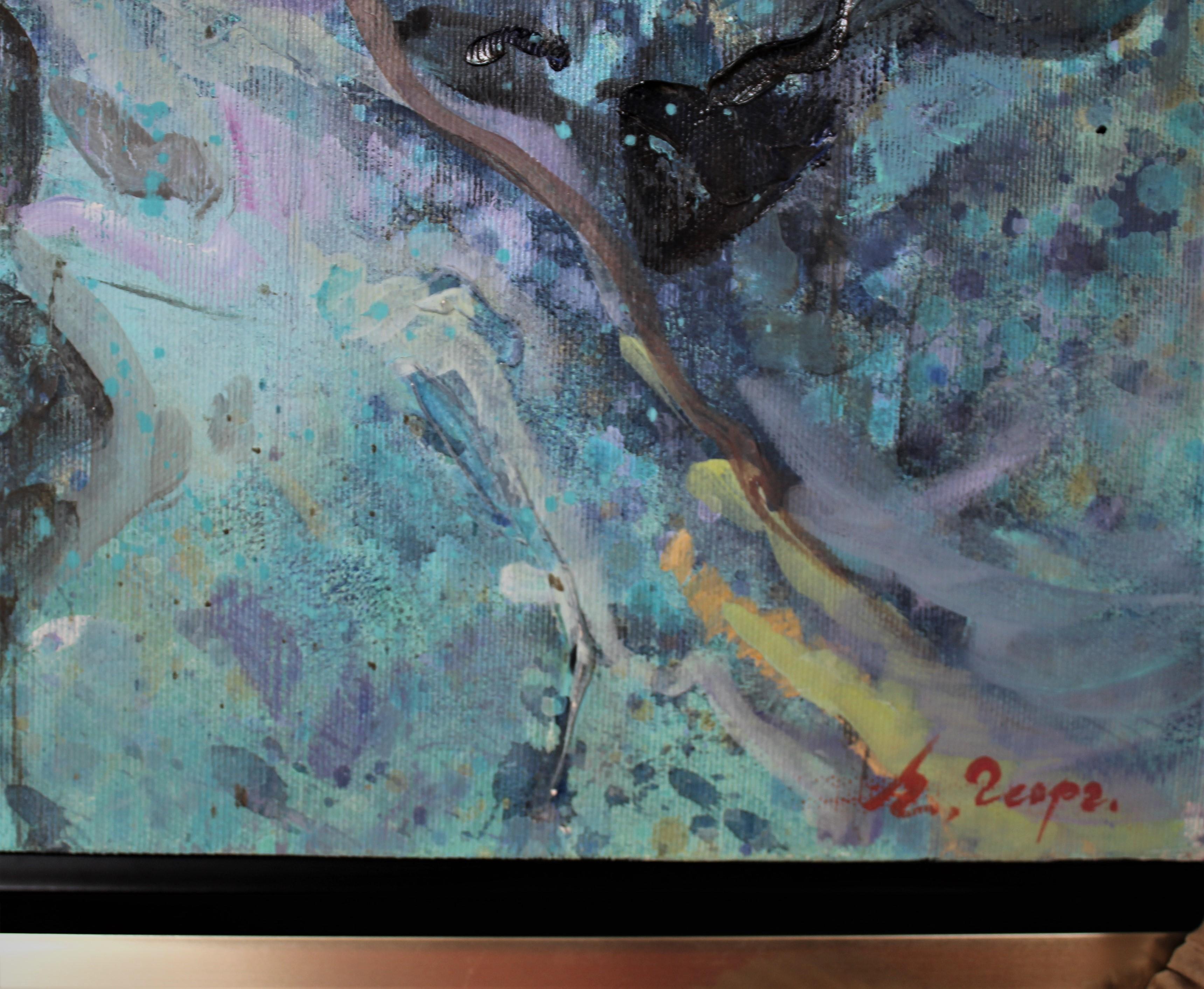 Elena, Rila Lakes- Oil Painting Colors Blue White Purple Brown Grey - Gray Landscape Painting by Elena Georgieva