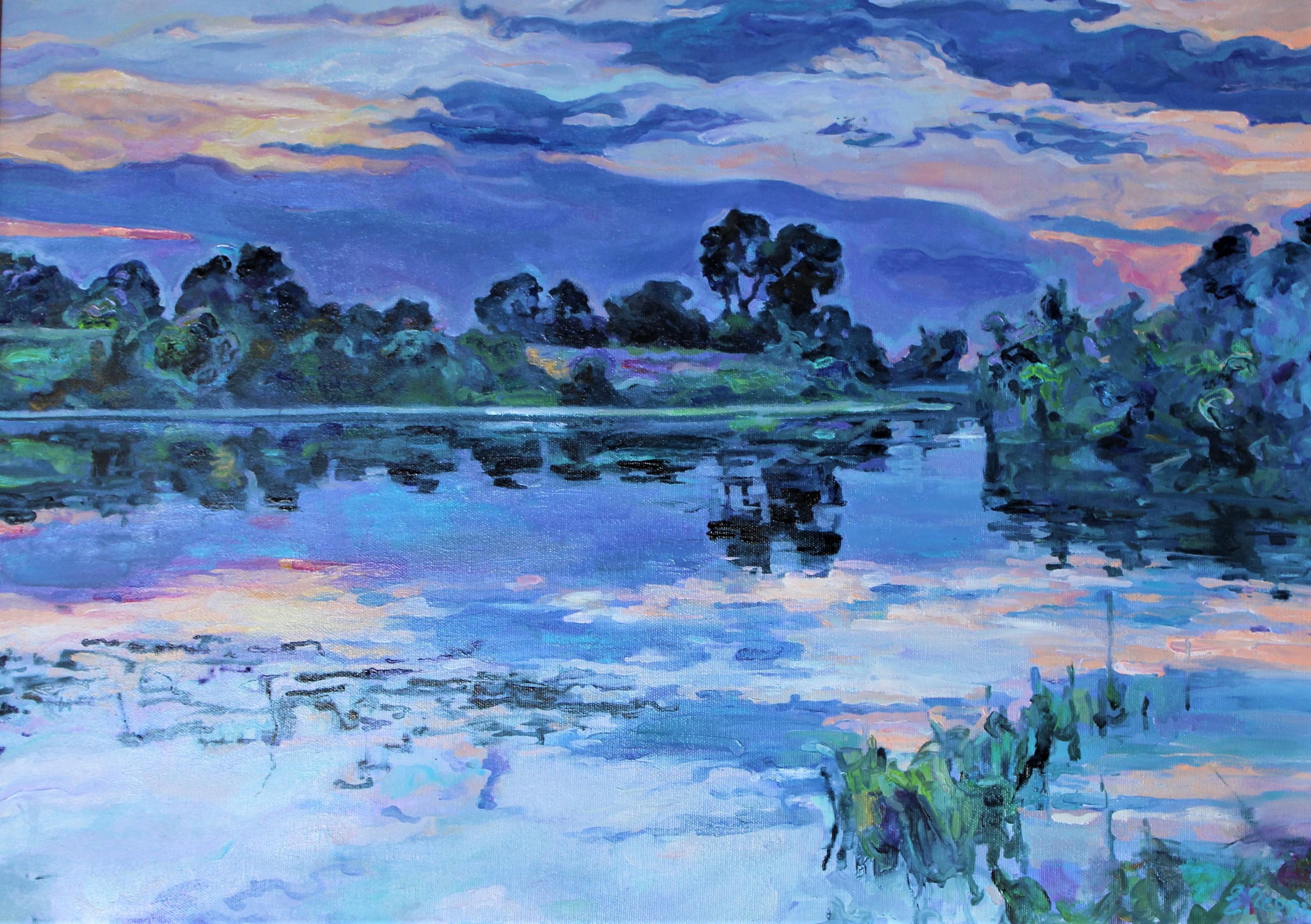Elena Georgieva Landscape Painting - River - Oil Painting Colors Pink Blue White Purple Green Brown 