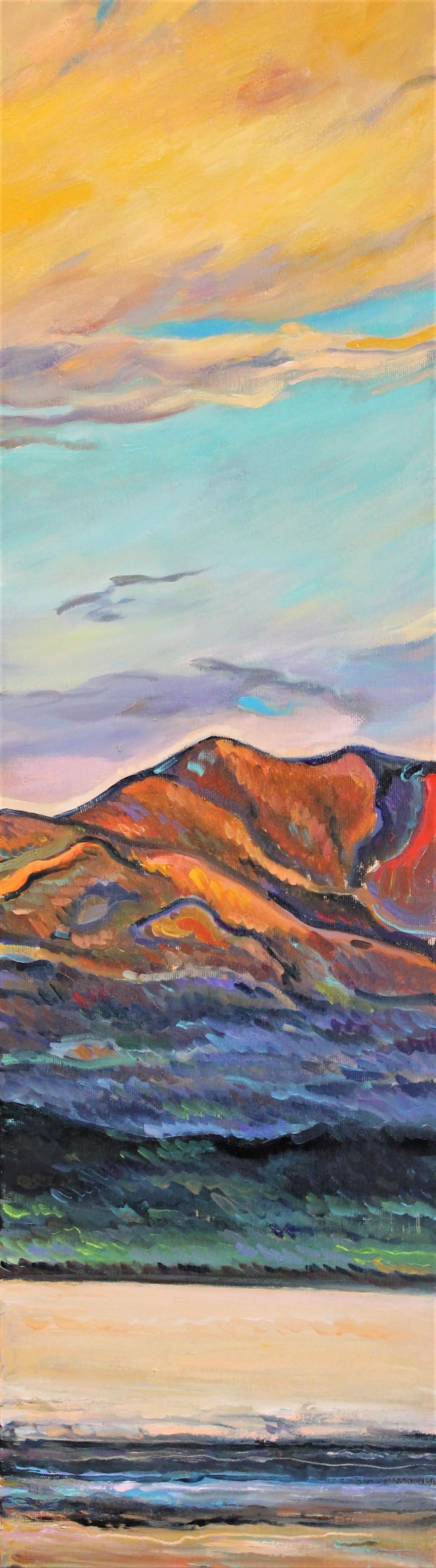 Elena Georgieva Landscape Painting - Red Mountain - Oil Painting Color White Yellow Grey Orange Blue Red Green Brown