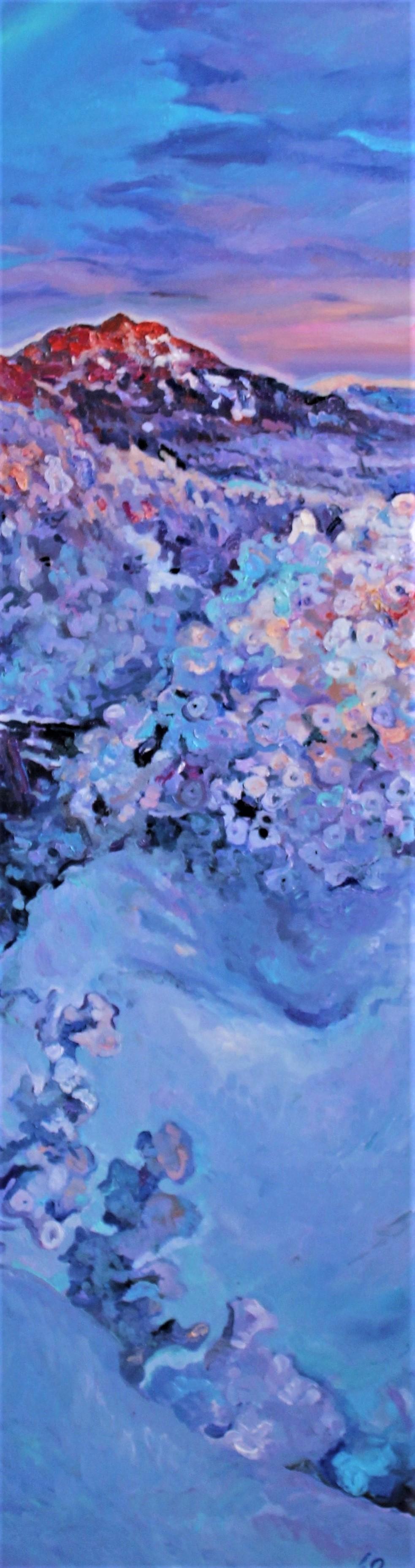 Landscape Painting Elena Georgieva - Cherries d'hiver - Peinture à l'huile couleur blanc, jaune, bleu, violet et rouge