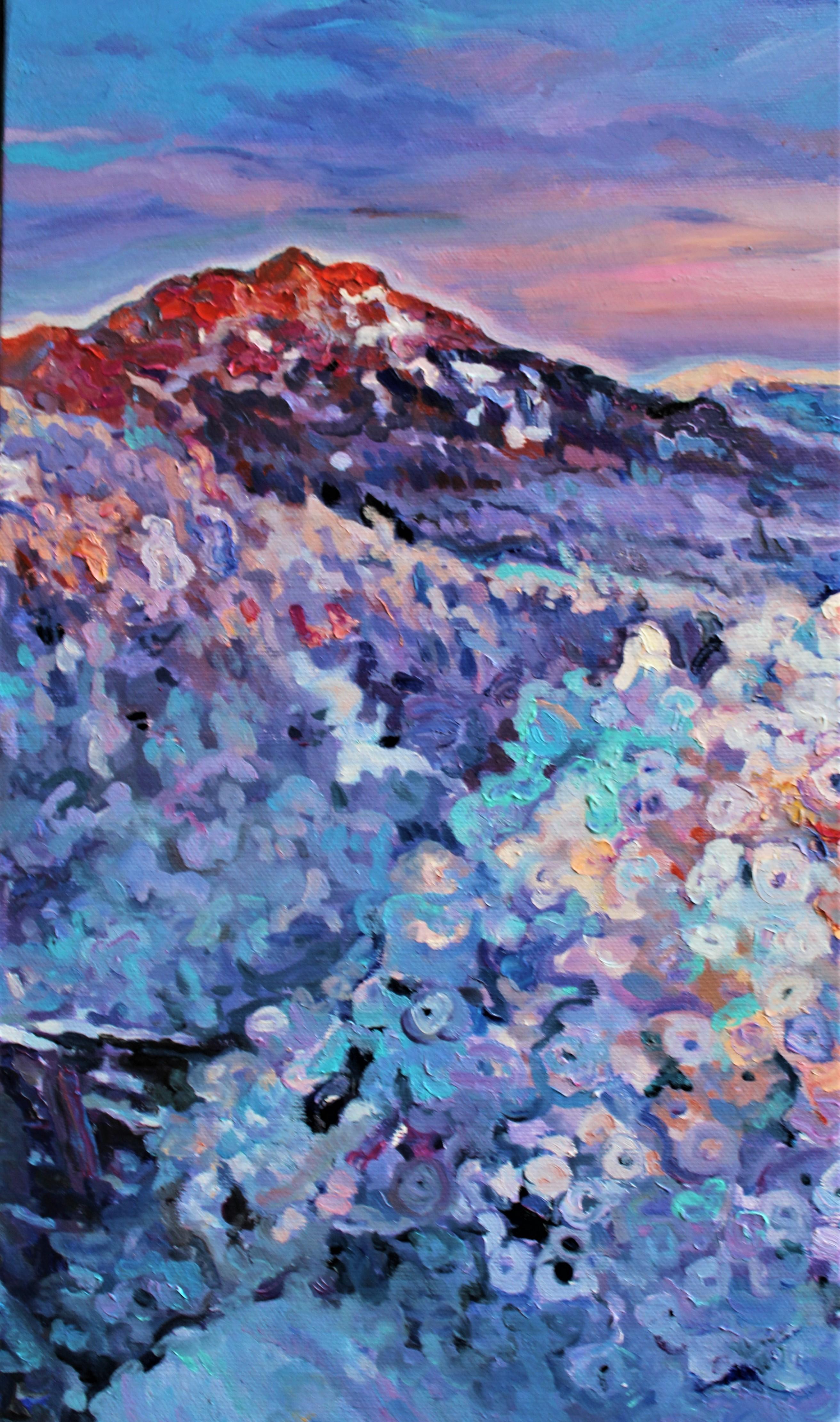 Cherries d'hiver - Peinture à l'huile couleur blanc, jaune, bleu, violet et rouge - Impressionnisme Painting par Elena Georgieva