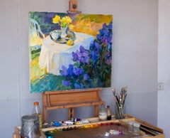 Naturaleza muerta en el jardín de primavera - Pintura al óleo Colores Azul Amarillo Verde Naranja