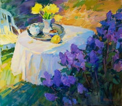 Still Life In The Spring Garden - Oil Painting Colors Blue Yellow Green Orange