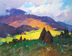 Mountain Air -Landscape Painting Oil Blue Yellow Brown Green White Orange Purple