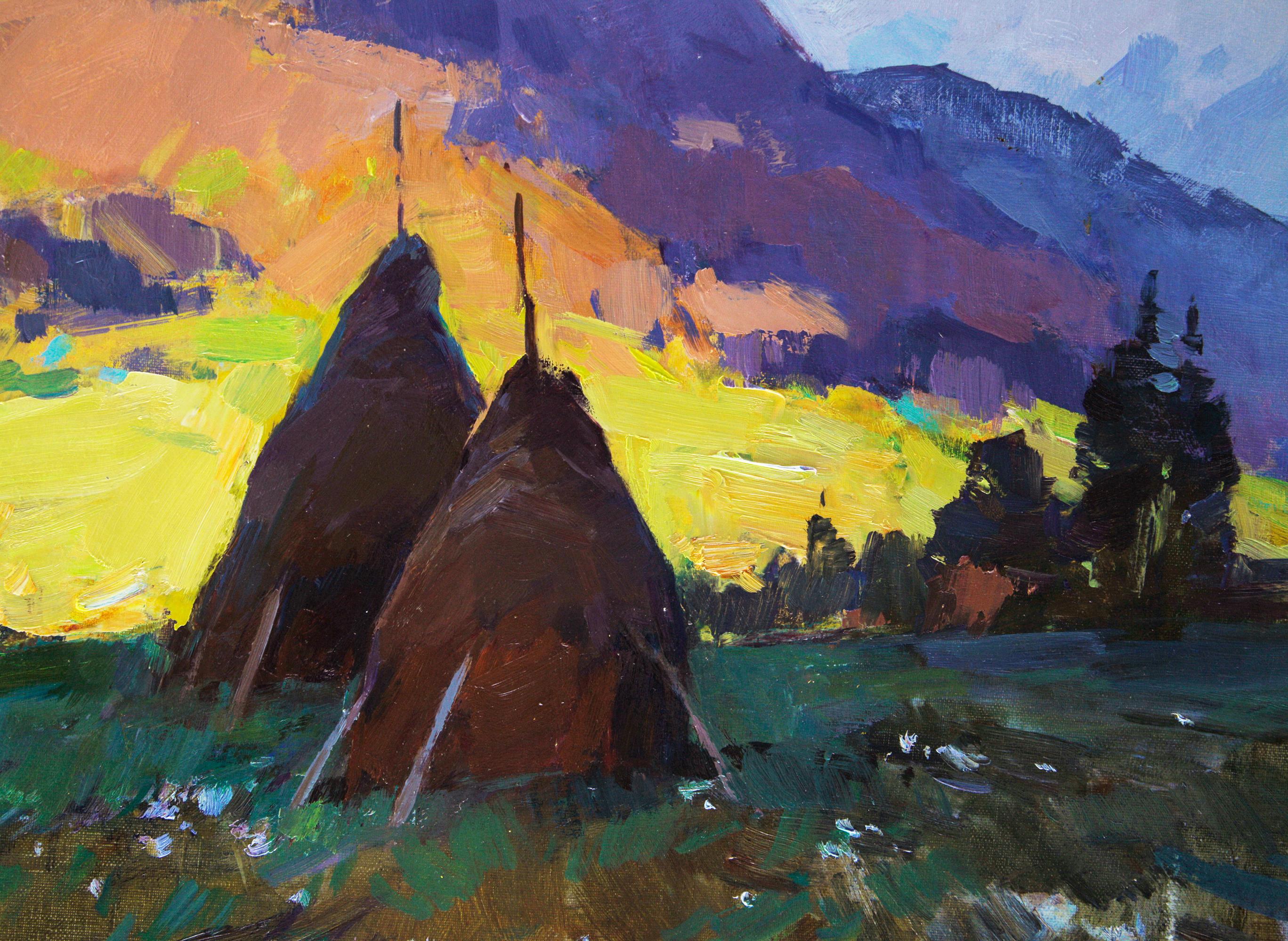 Mountain Air -Landscape Painting Oil Blue Yellow Brown Green White Orange Purple 1