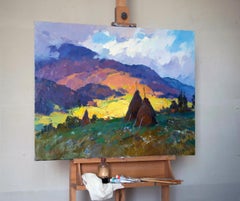 Mountain Air -Landscape Painting Oil Blue Yellow Brown Green White Orange Purple