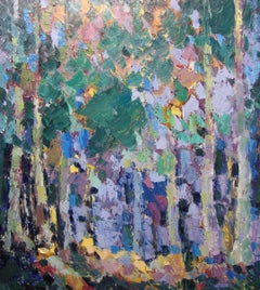 Dawning - Landscape Oil Painting Grey Green Brown Blue Yellow White Pink Purple