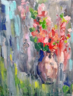 Flowers In The Rain - Still Life Painting Green Brown Blue Yellow White Pink