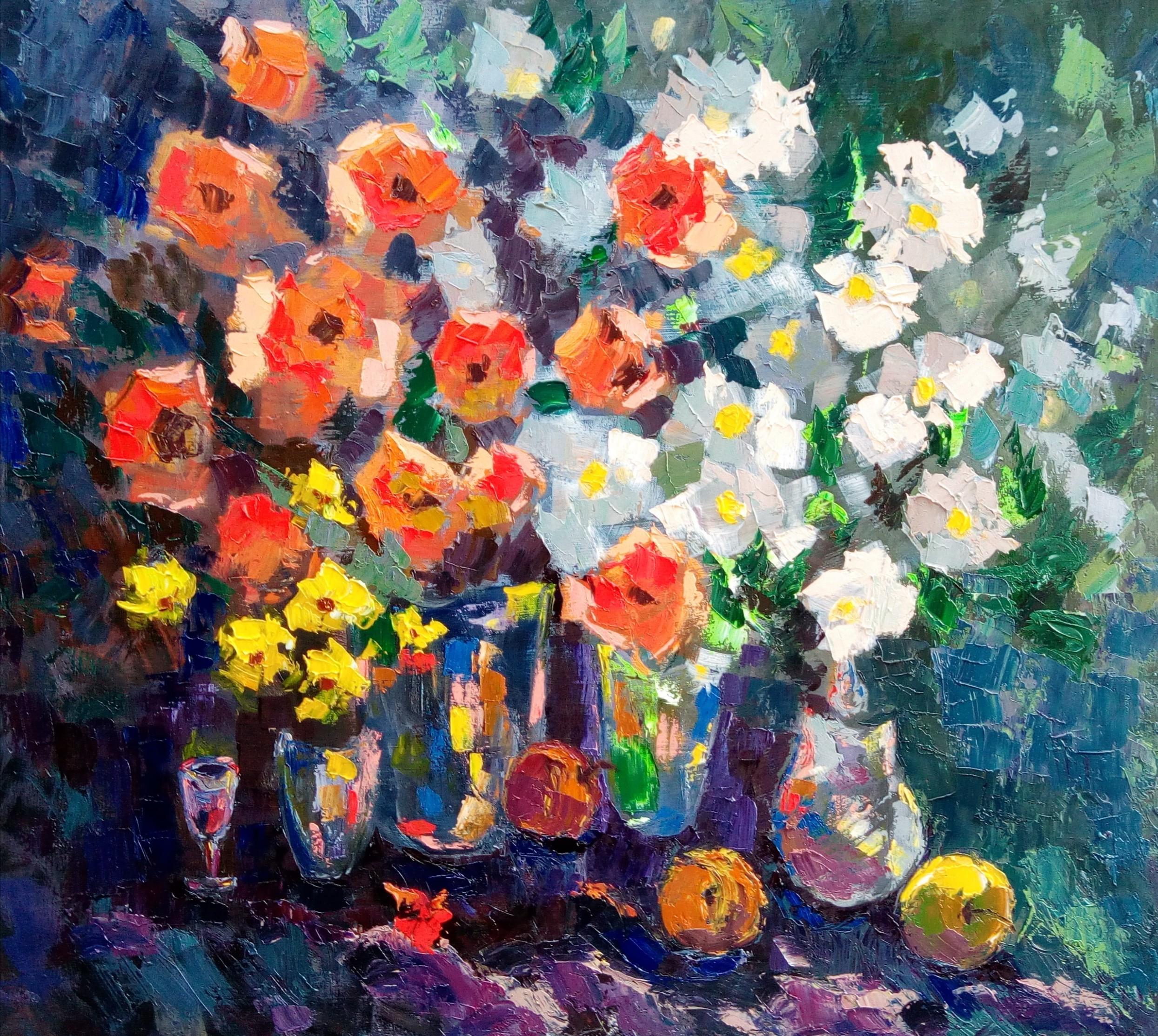 Still-Life Painting di Olga Kashshay - Impressioni  - Natura morta Verde Marrone Blu Giallo Bianco Rosa Viola