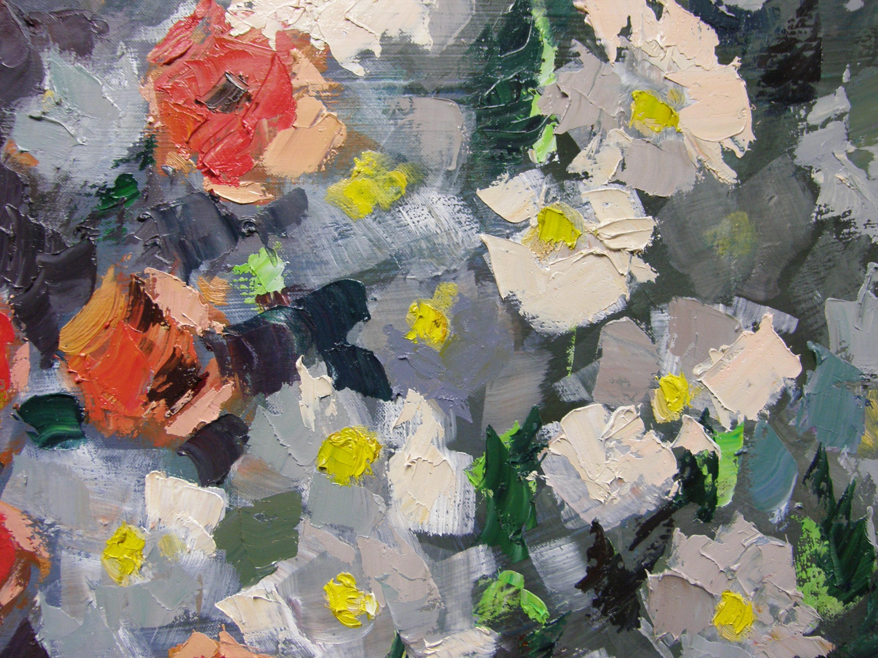 Impressioni  - Natura morta Verde Marrone Blu Giallo Bianco Rosa Viola - Still-Life Painting Nero di Olga Kashshay