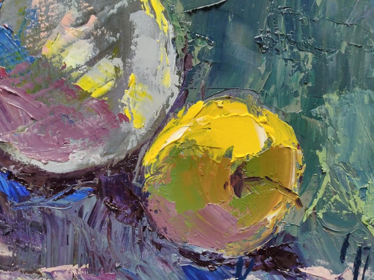 Impressions  - Still Life Painting Green Brown Blue Yellow White Pink Purple For Sale 2
