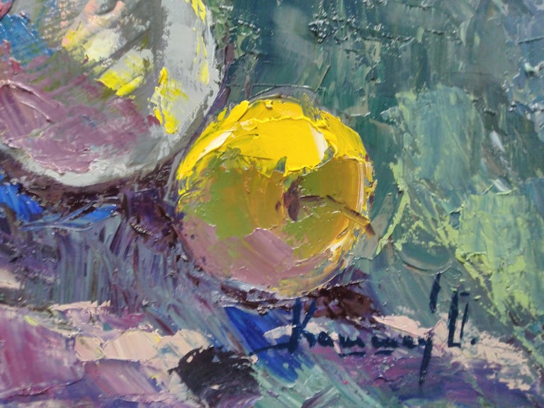 Impressions  - Still Life Painting Green Brown Blue Yellow White Pink Purple For Sale 3