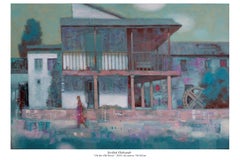 In the Old Street - Landscape Painting Colors White Green Blue Pink Pastel Brown