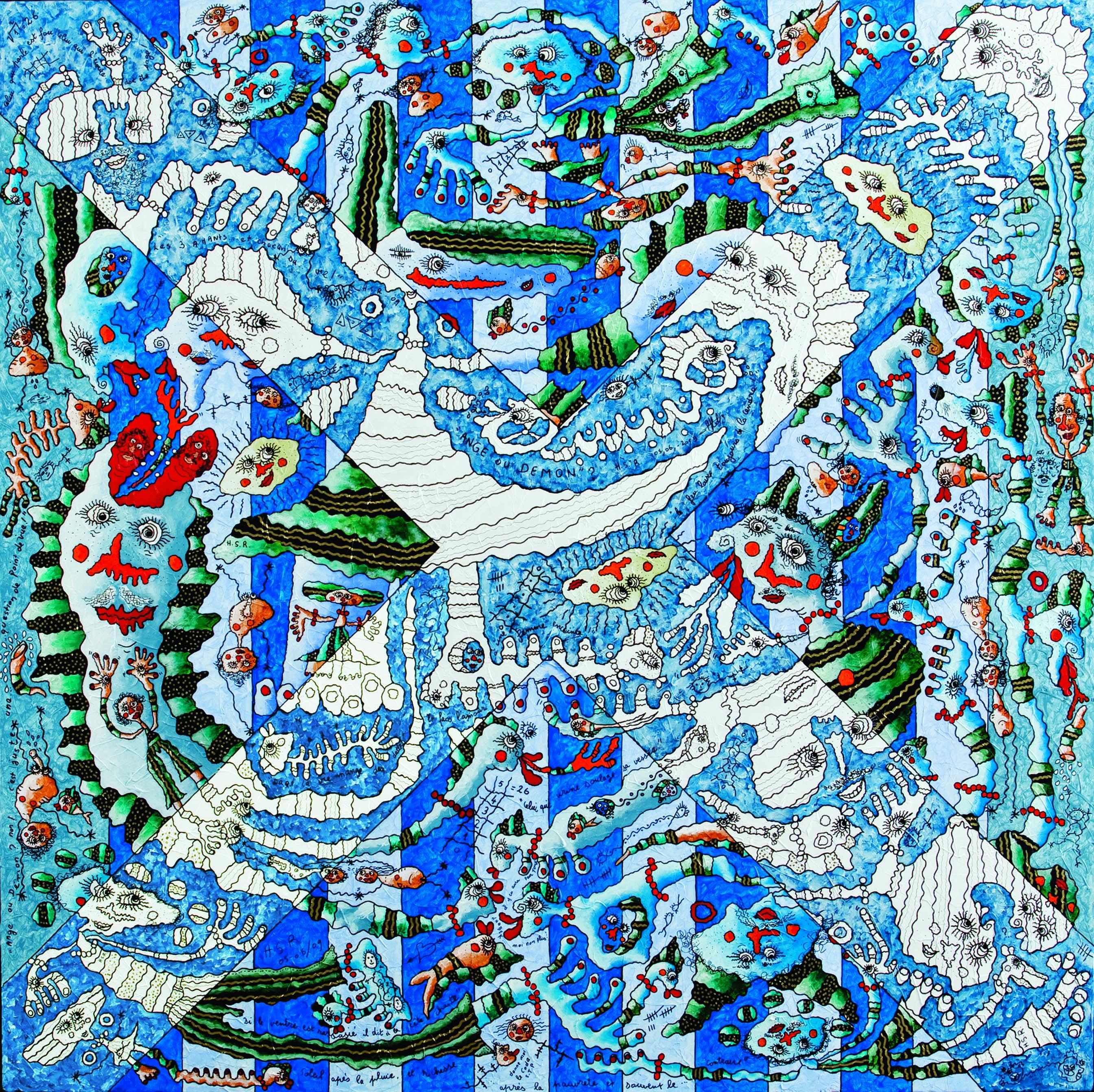 Simon Richard Halimi Abstract Painting - Angel Or Demon  French Large Oil Acrylic Painting Blue White Orange Green Purple