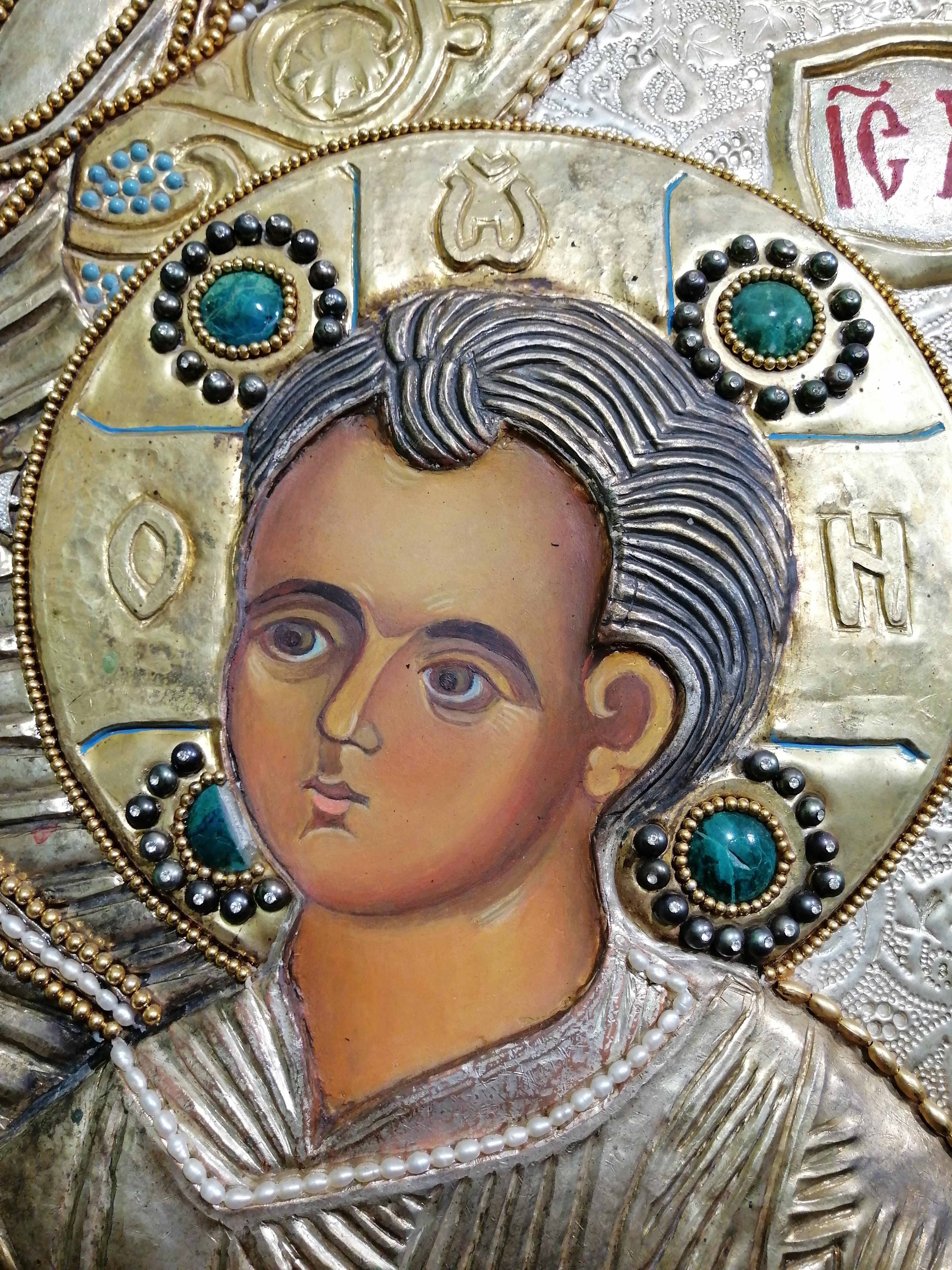 Icon of the Iveron Mother of God - Copper silver plated and gilded stones For Sale 5