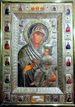 Icon de la Mère de Dieu d'Iveron - Pierres en cuivre plaquées et dorées