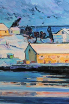 Norvegia Inverno - Pittura a olio Colore Bianco Giallo Arancione Blu Rosso Marrone Viola