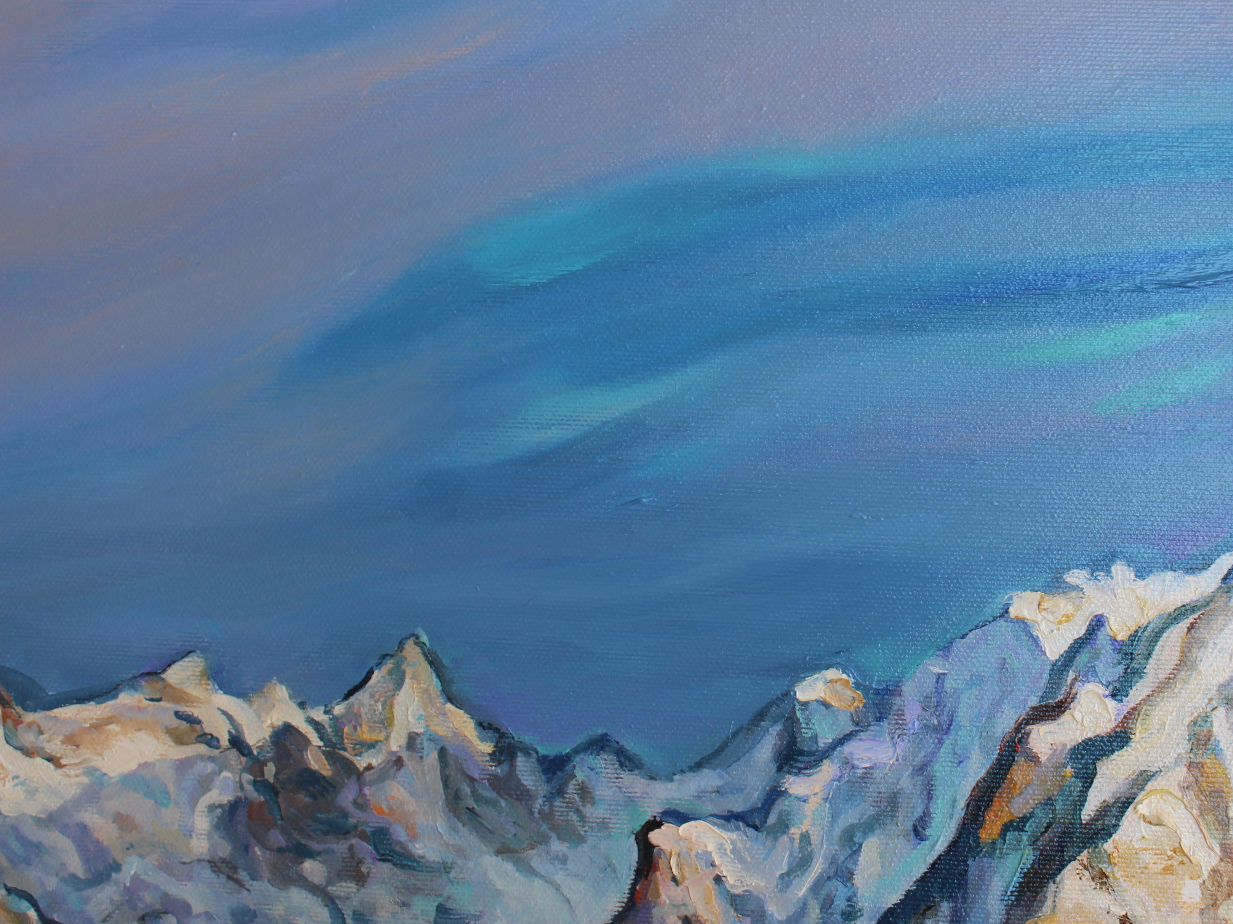 Peinture à l'huile norvégienne d'hiver, couleur blanc, jaune, orange, bleu, rouge, marron et violet - Beige Landscape Painting par Elena Georgieva