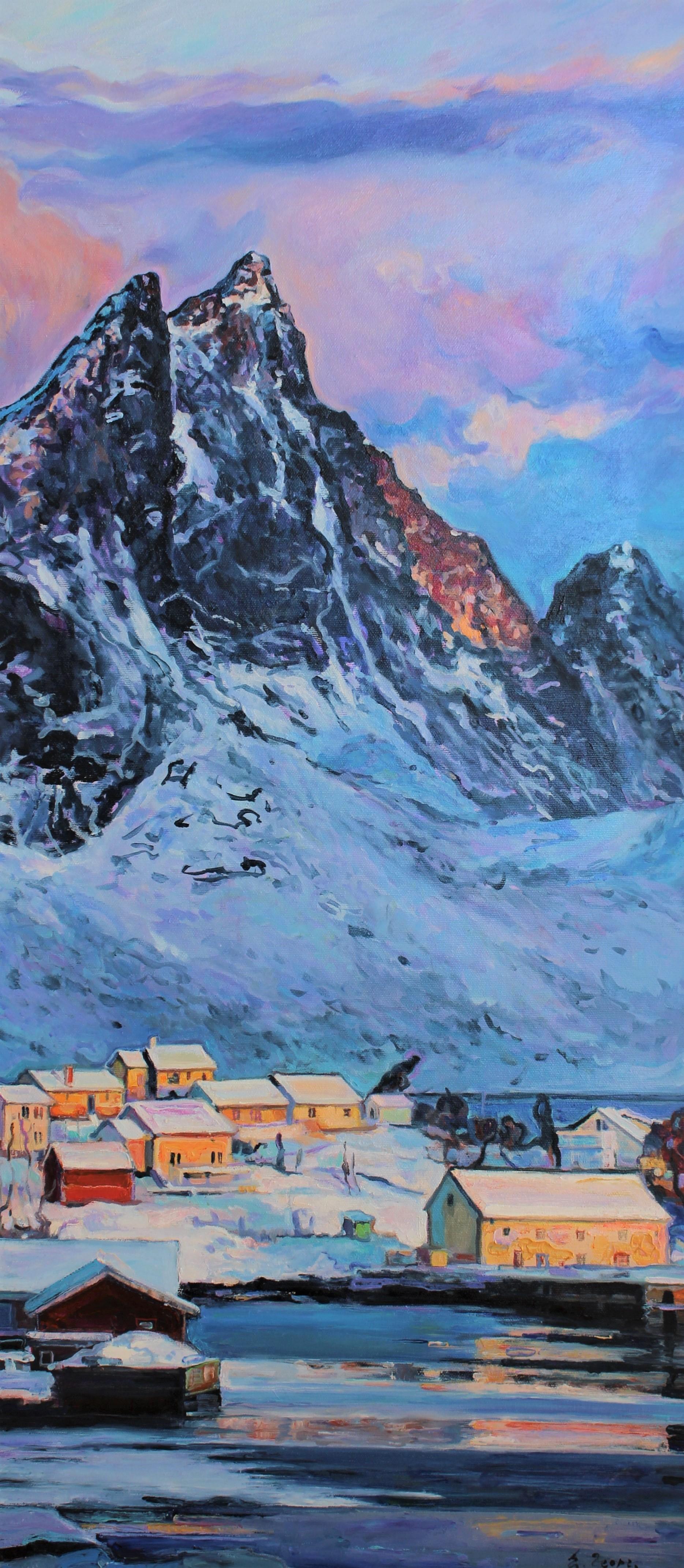 Landscape Painting Elena Georgieva - Peinture à l'huile norvégienne d'hiver, couleur blanc, jaune, orange, bleu, rouge, marron et violet