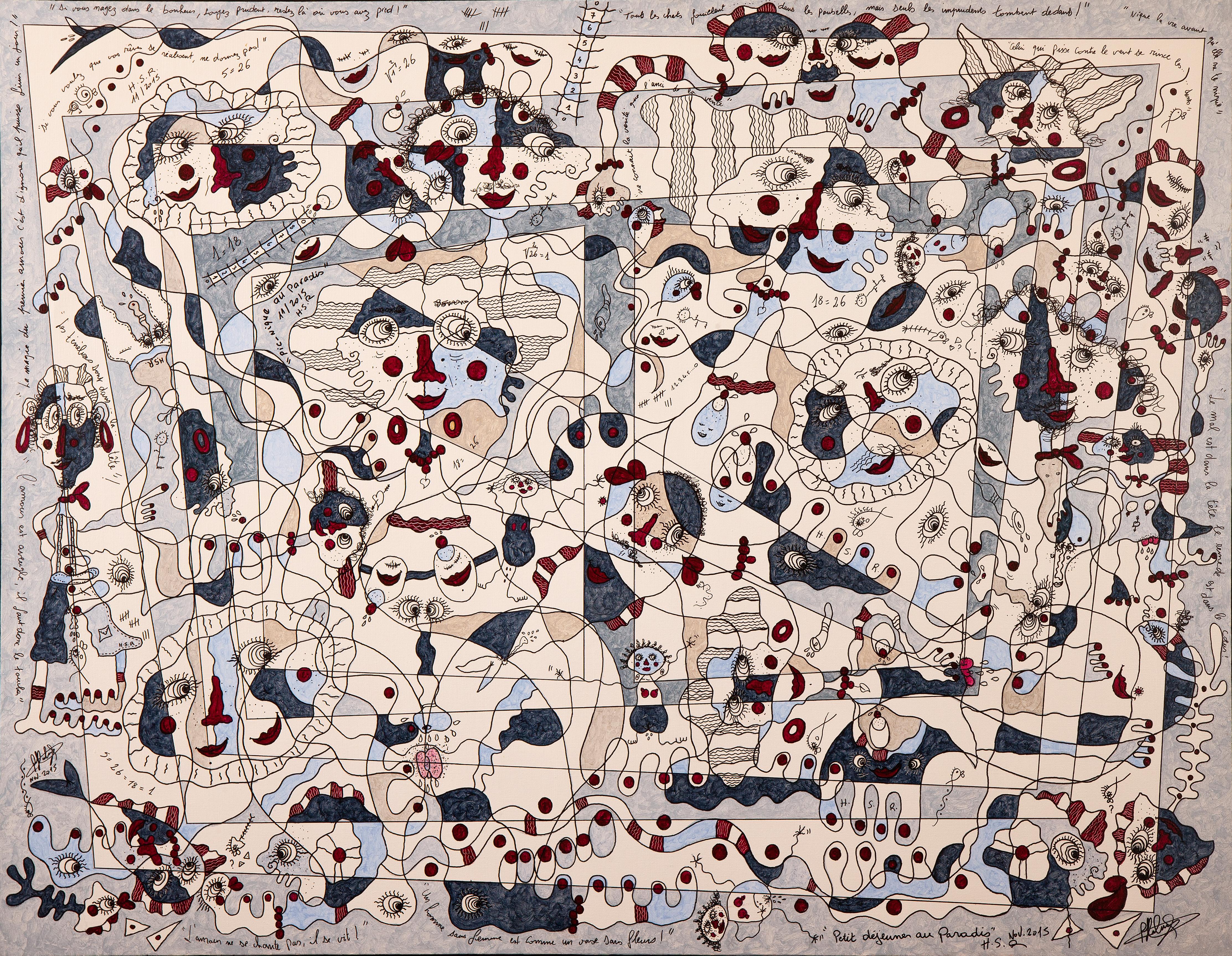 Simon Richard Halimi Abstract Painting – Frühstück im Paradies - Französisches großes Ölgemälde in den Farben Braun, Blau, Weiß und Grau 