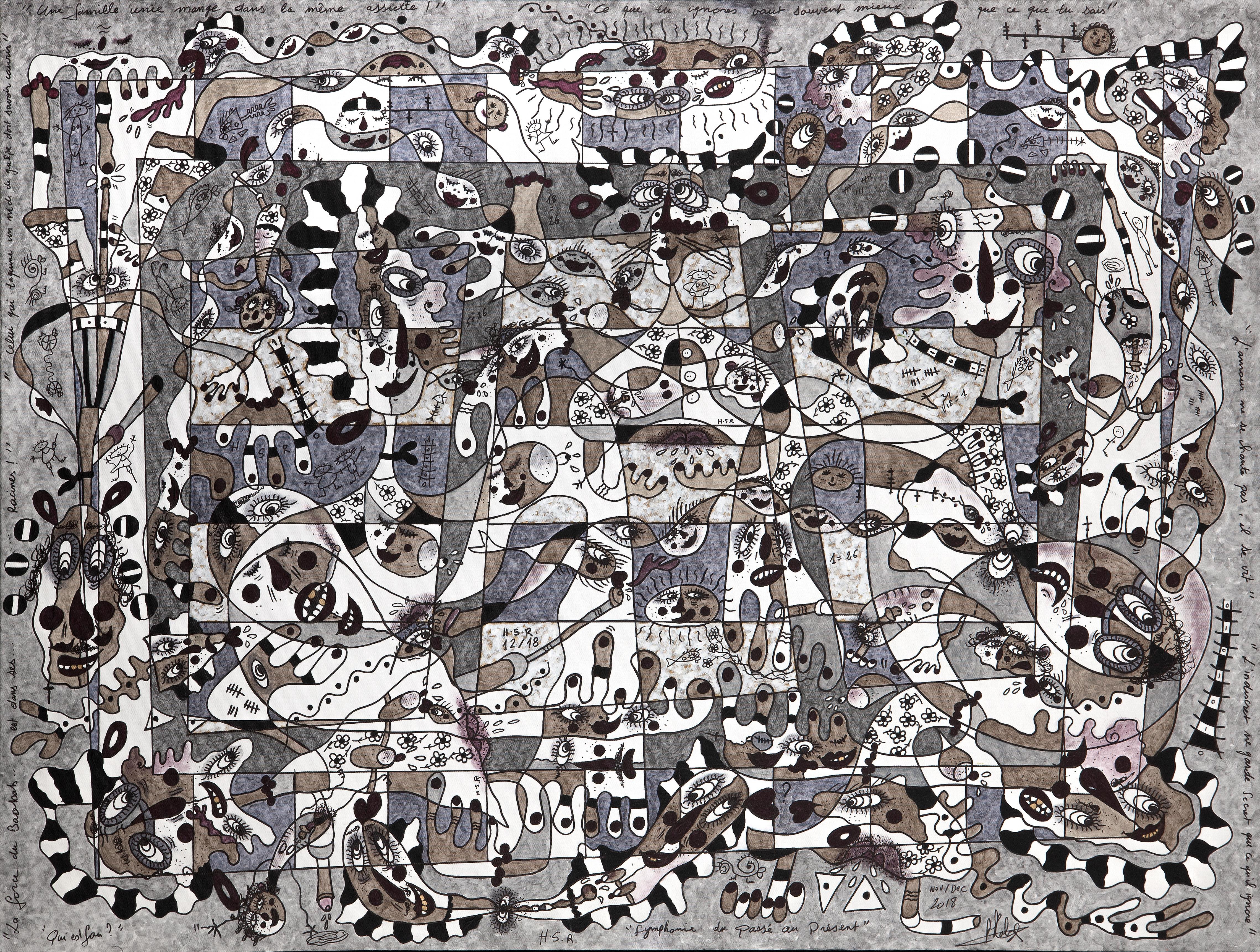 Simon Richard Halimi Abstract Painting - Symphony From Past to Present - Large Painting Colors Black Brown White Grey