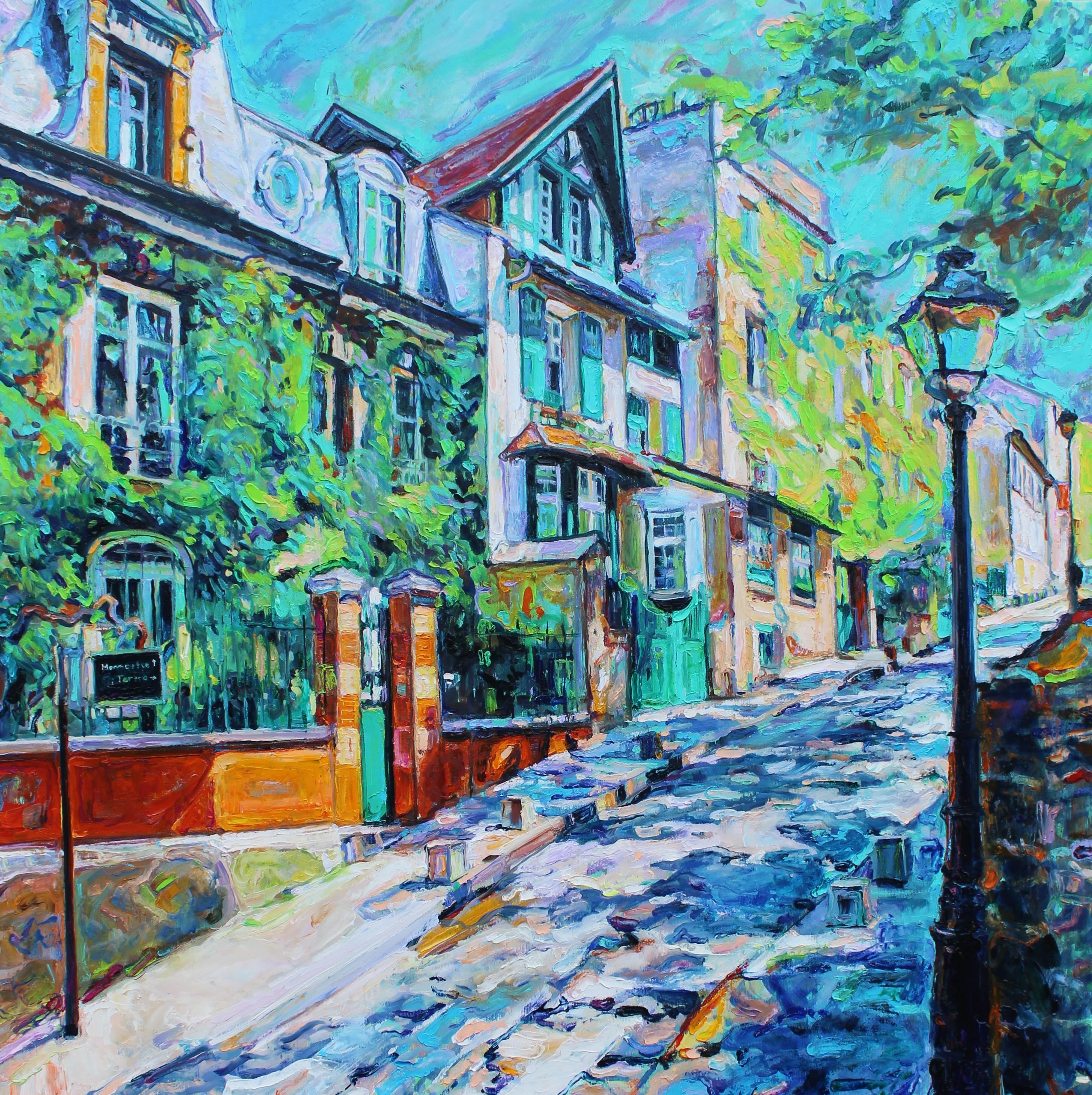 Sunday's Walk On Montmartre - Oil Painting Brown White Yellow Green Orange Blue 