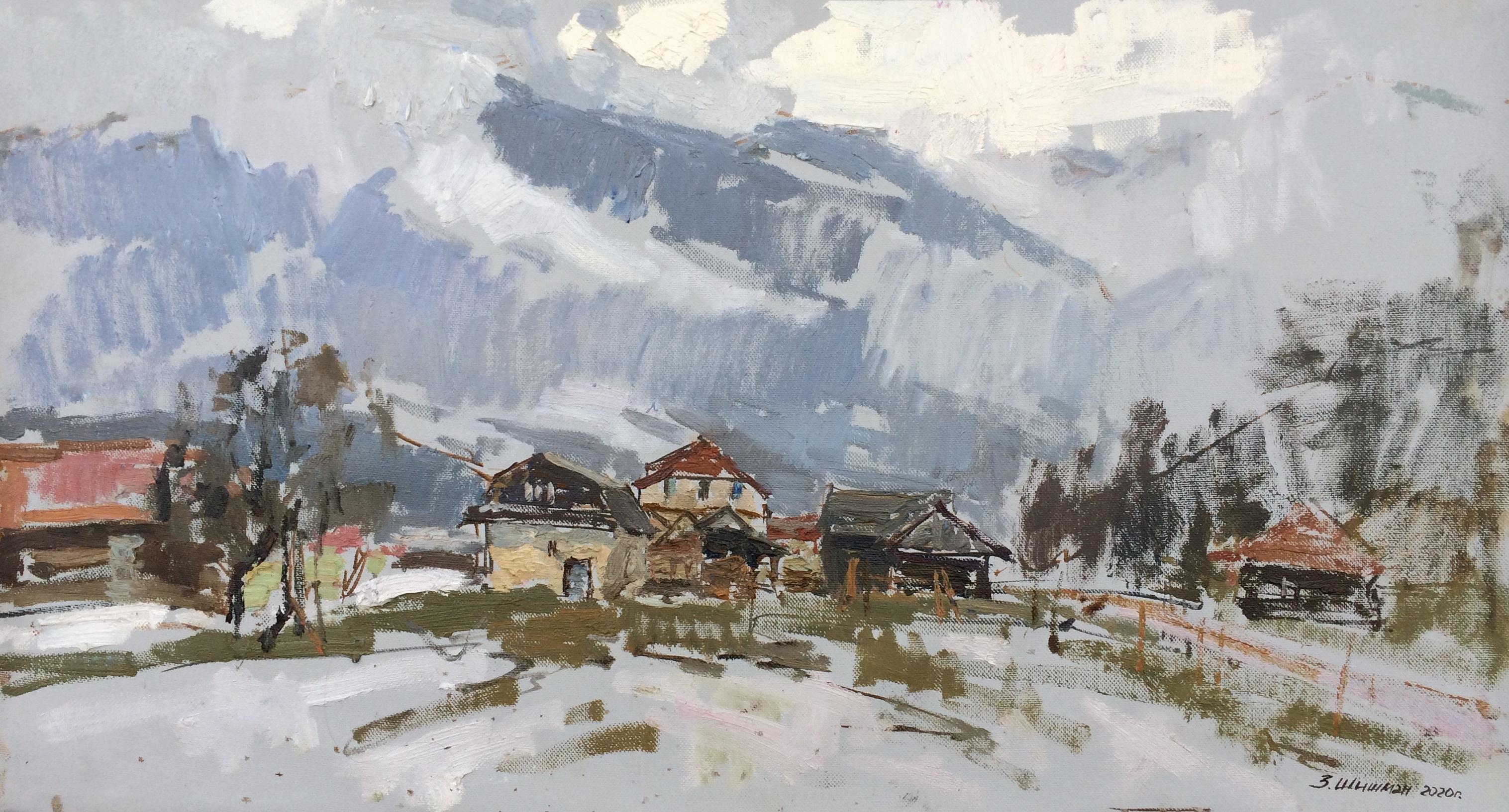 Landscape Painting di Zlata Shyshman - Pioggia in un villaggio di montagna