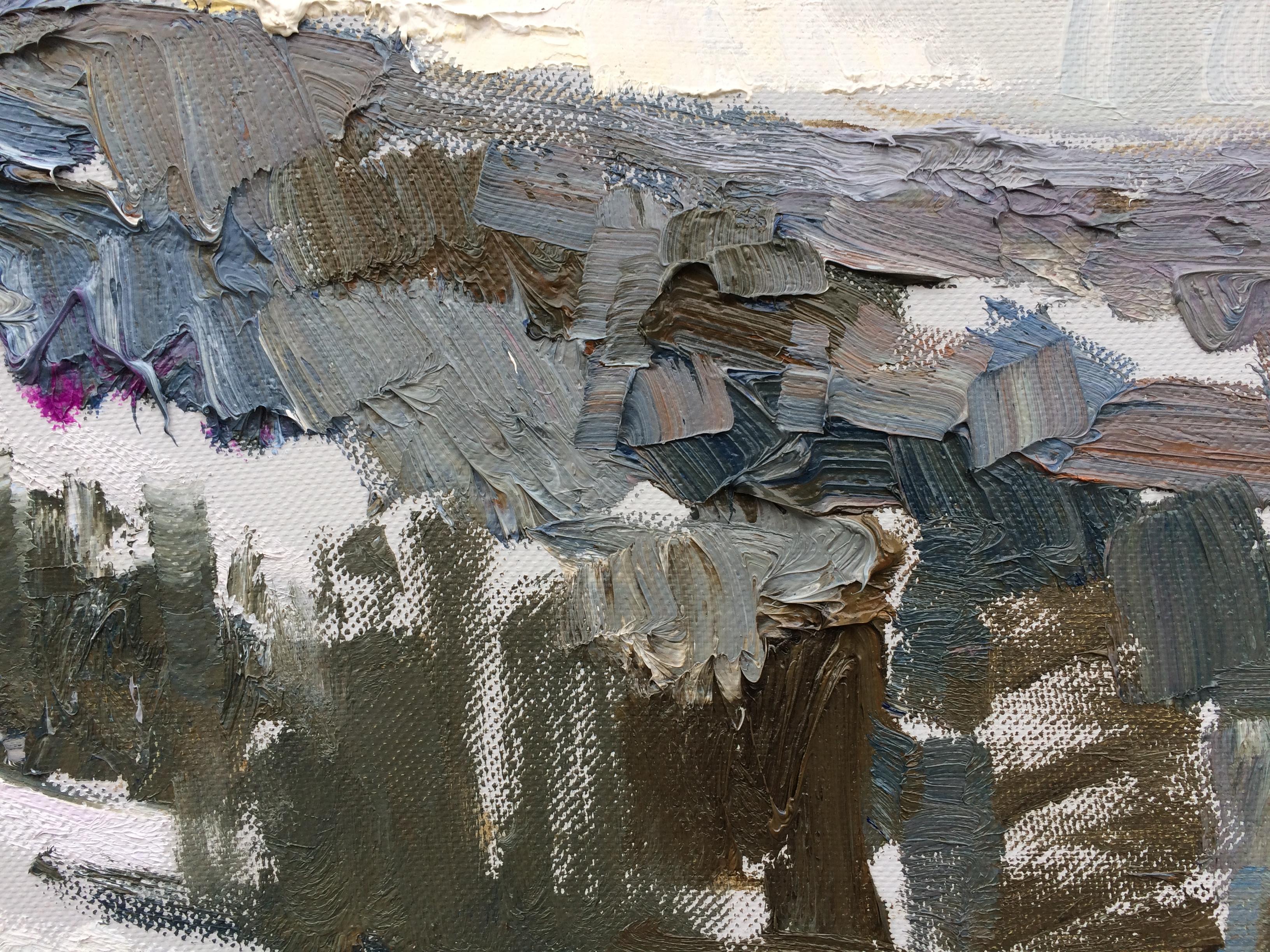 Bajo la montaña, sobre el río - Landscape Painting Gris de Zlata Shyshman
