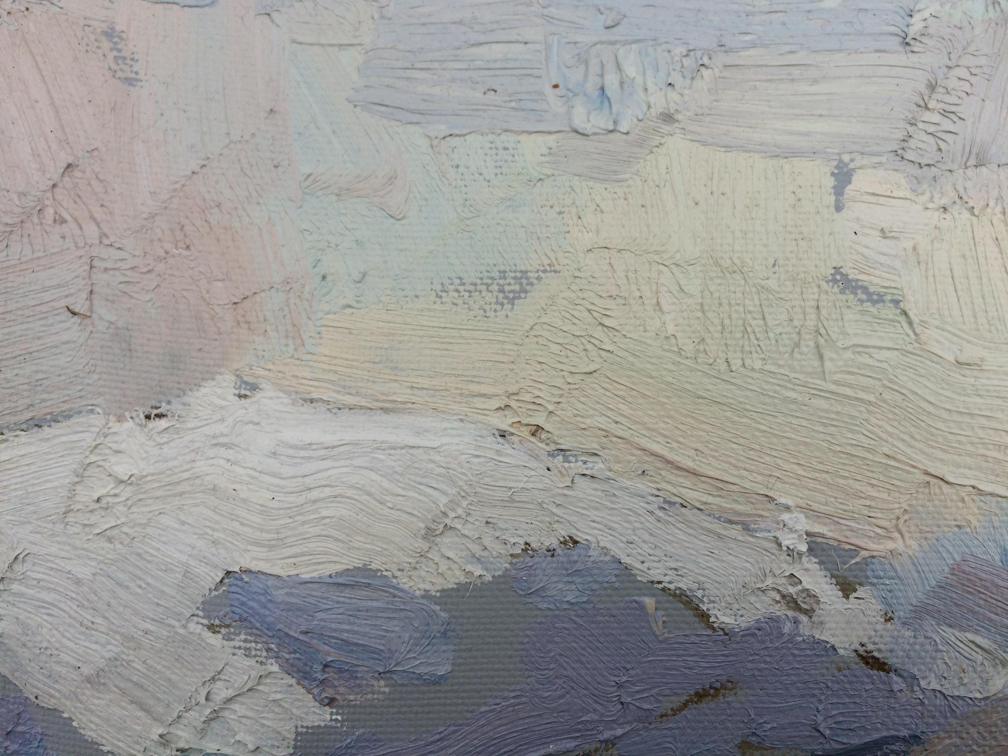 Ai piedi di Gymba - Pittura di paesaggio su tela con colori ad olio verde bianco giallo - Landscape Painting Grigio di Zlata Shyshman