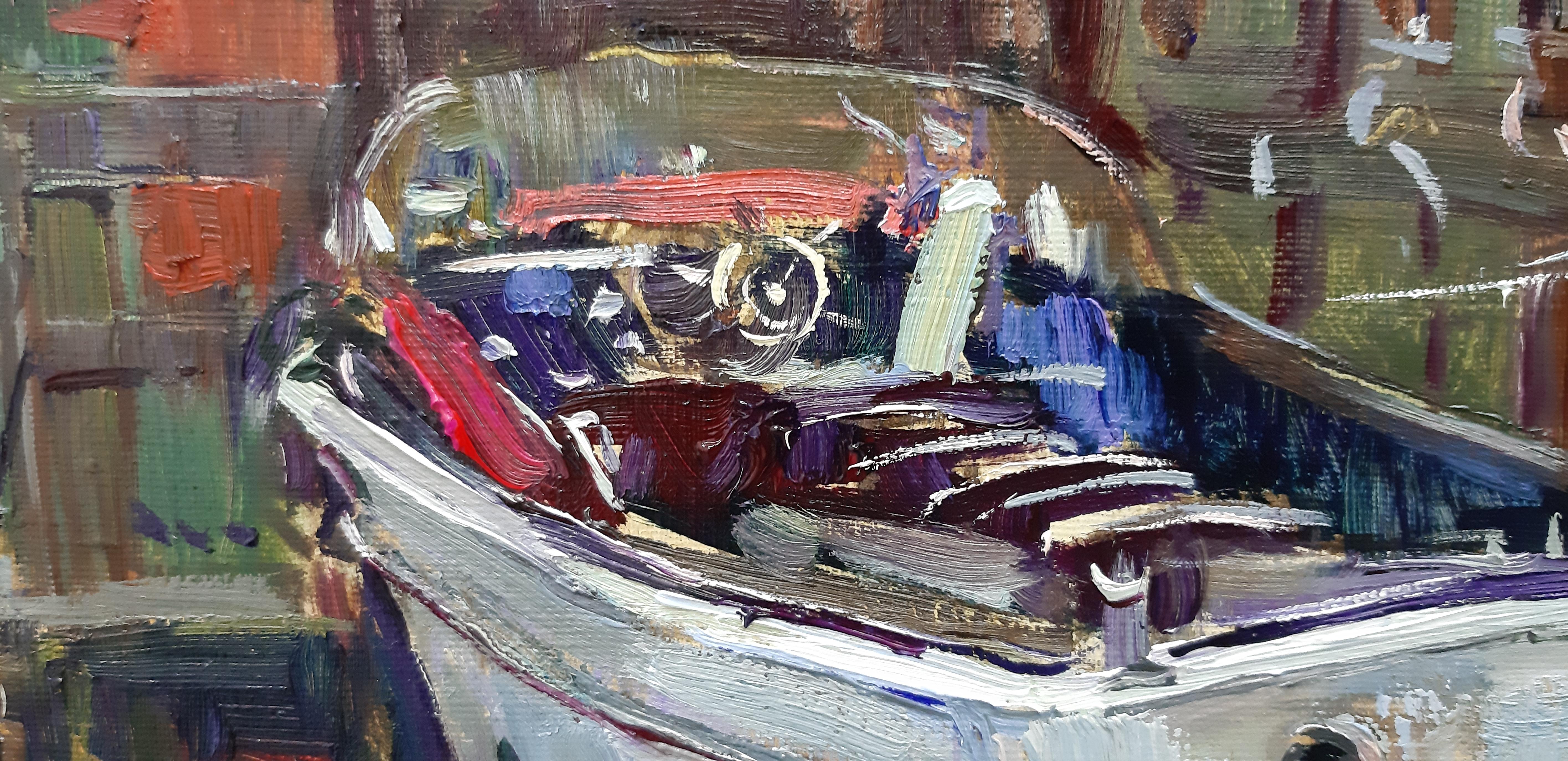 Canaux de Bruges - Paysage Peinture à l'huile Couleurs Bleu Vert Marron Blanc Rouge  - Impressionnisme Painting par Alina Khrapchynska