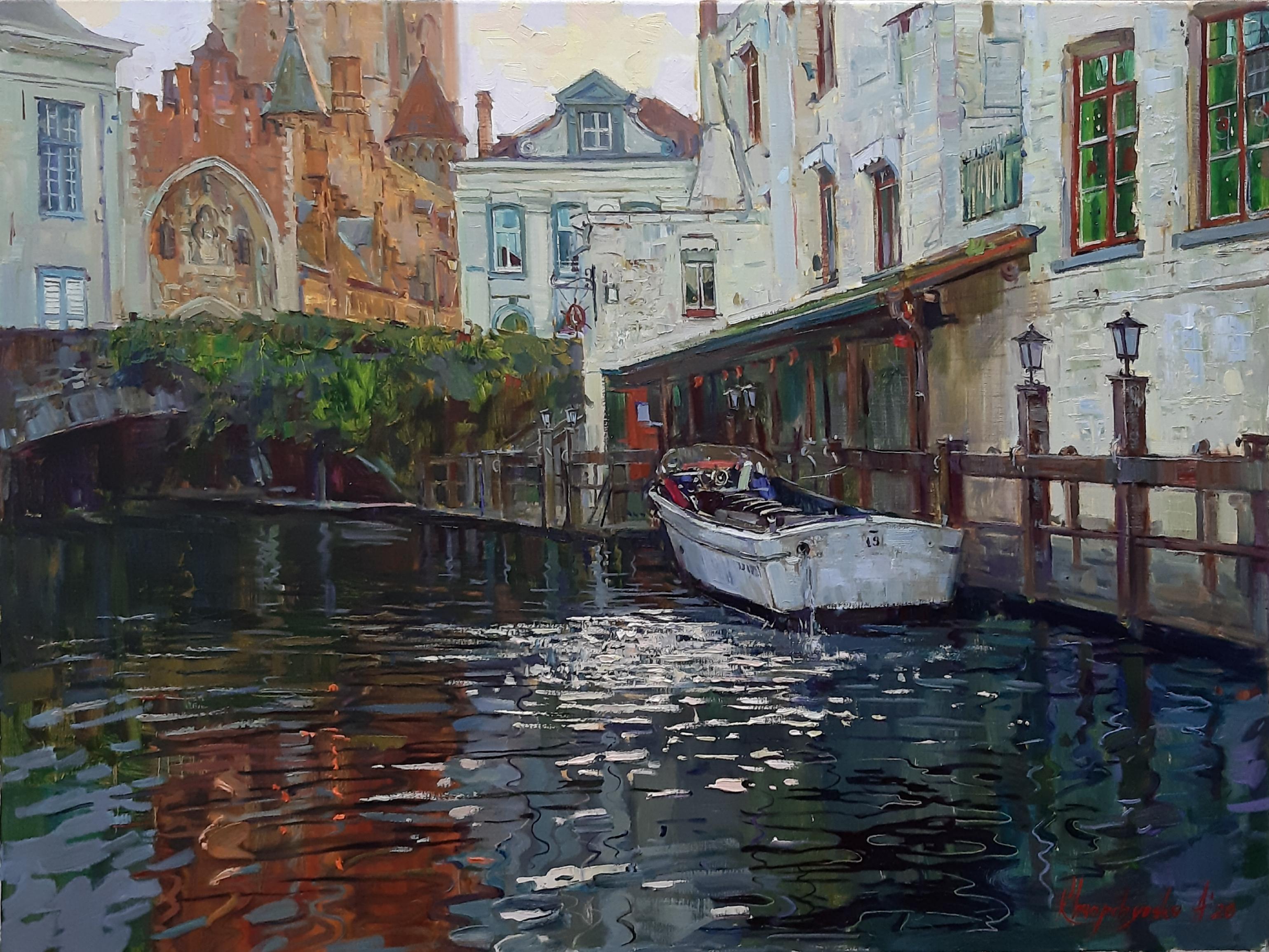 The Bruges Canals - Landscape Oil Painting Colors Blue Green Brown White Red 