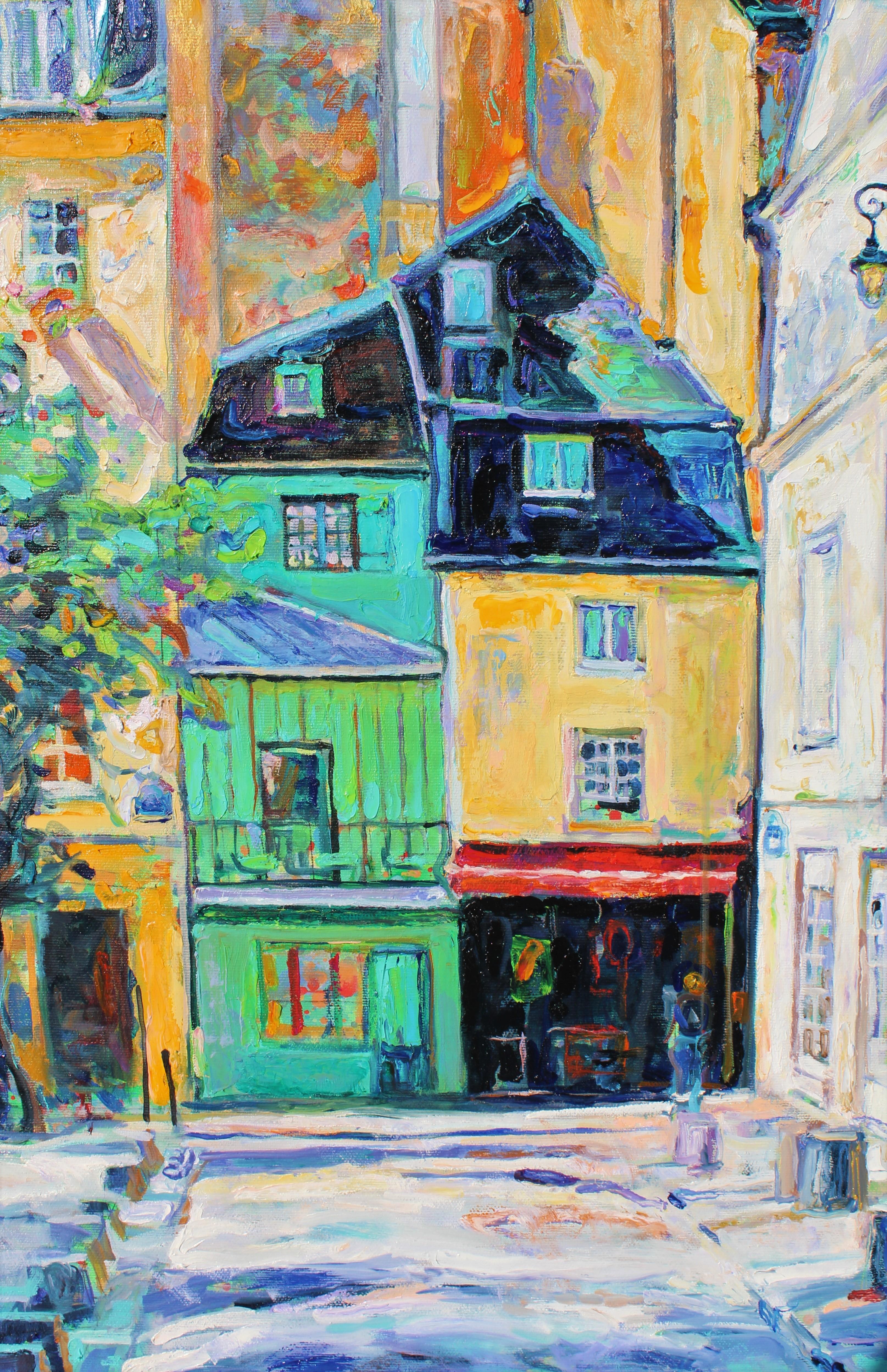 Rue Galende Paris - Gray Landscape Painting by Elena Georgieva