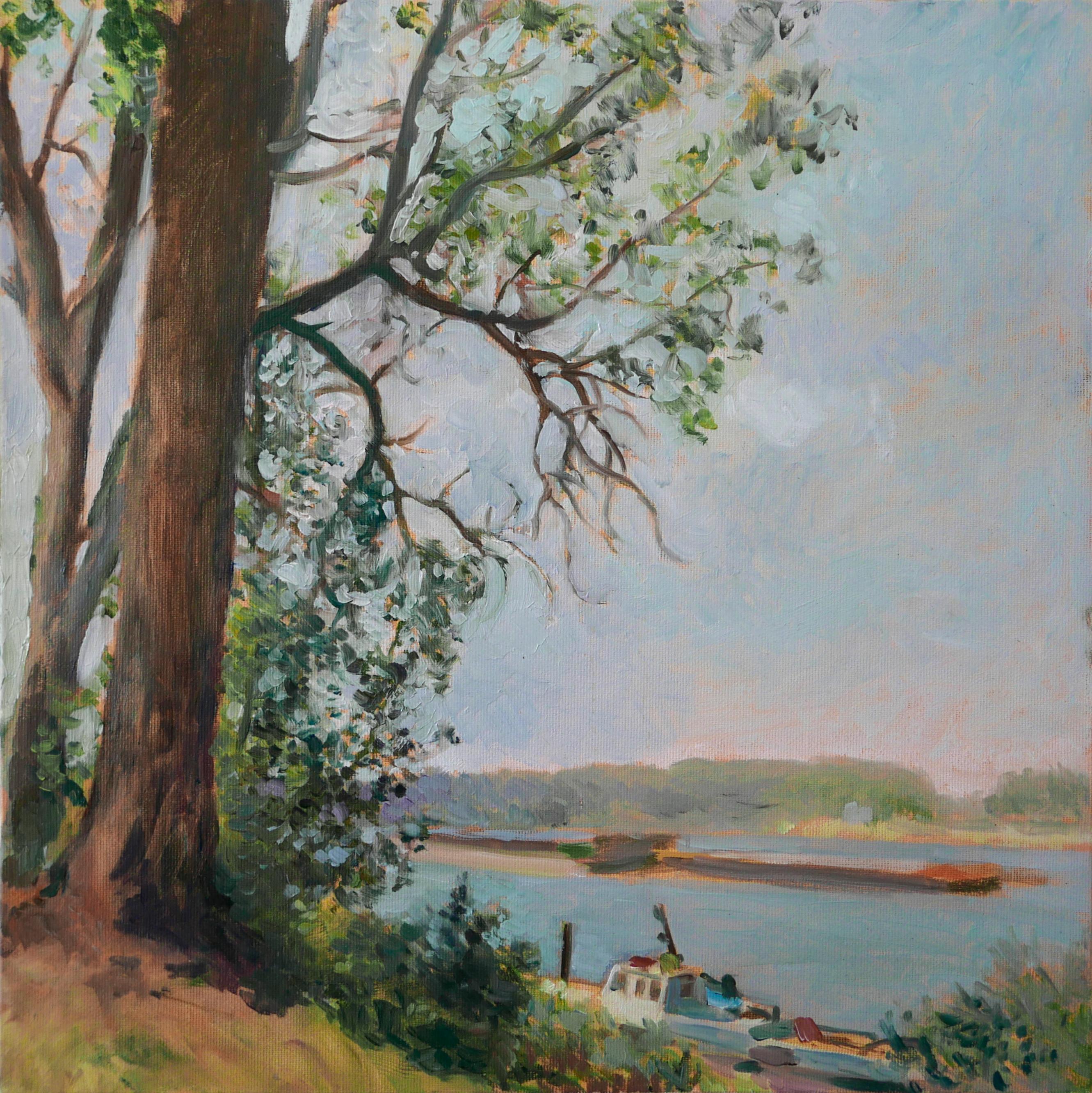 Petya Deneva Landscape Painting - Alongside The Danube River - Oil Painting Colors White Yellow Blue Brown Green
