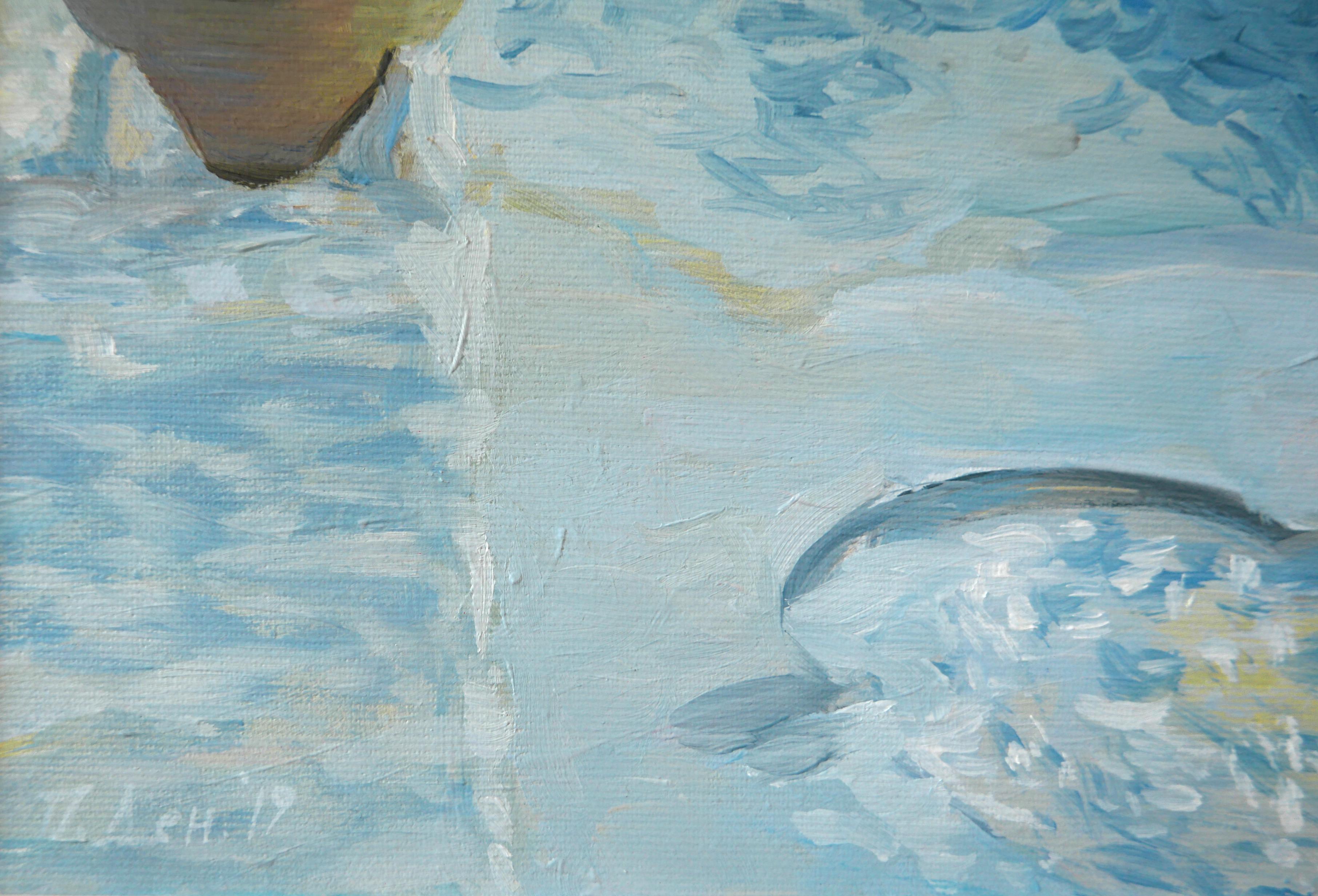 Beside The Sea - Ölgemälde in den Farben Weiß Gelb Blau Braun Grün (Impressionismus), Painting, von Petya Deneva