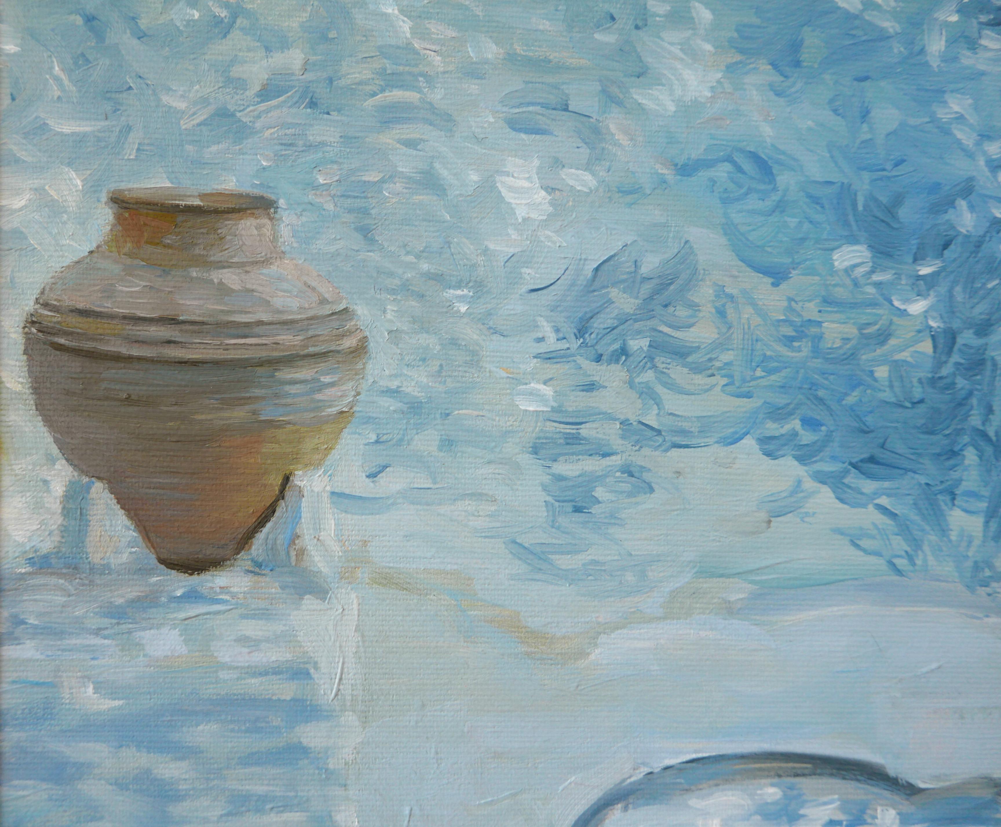Beside The Sea - Ölgemälde in den Farben Weiß Gelb Blau Braun Grün – Painting von Petya Deneva