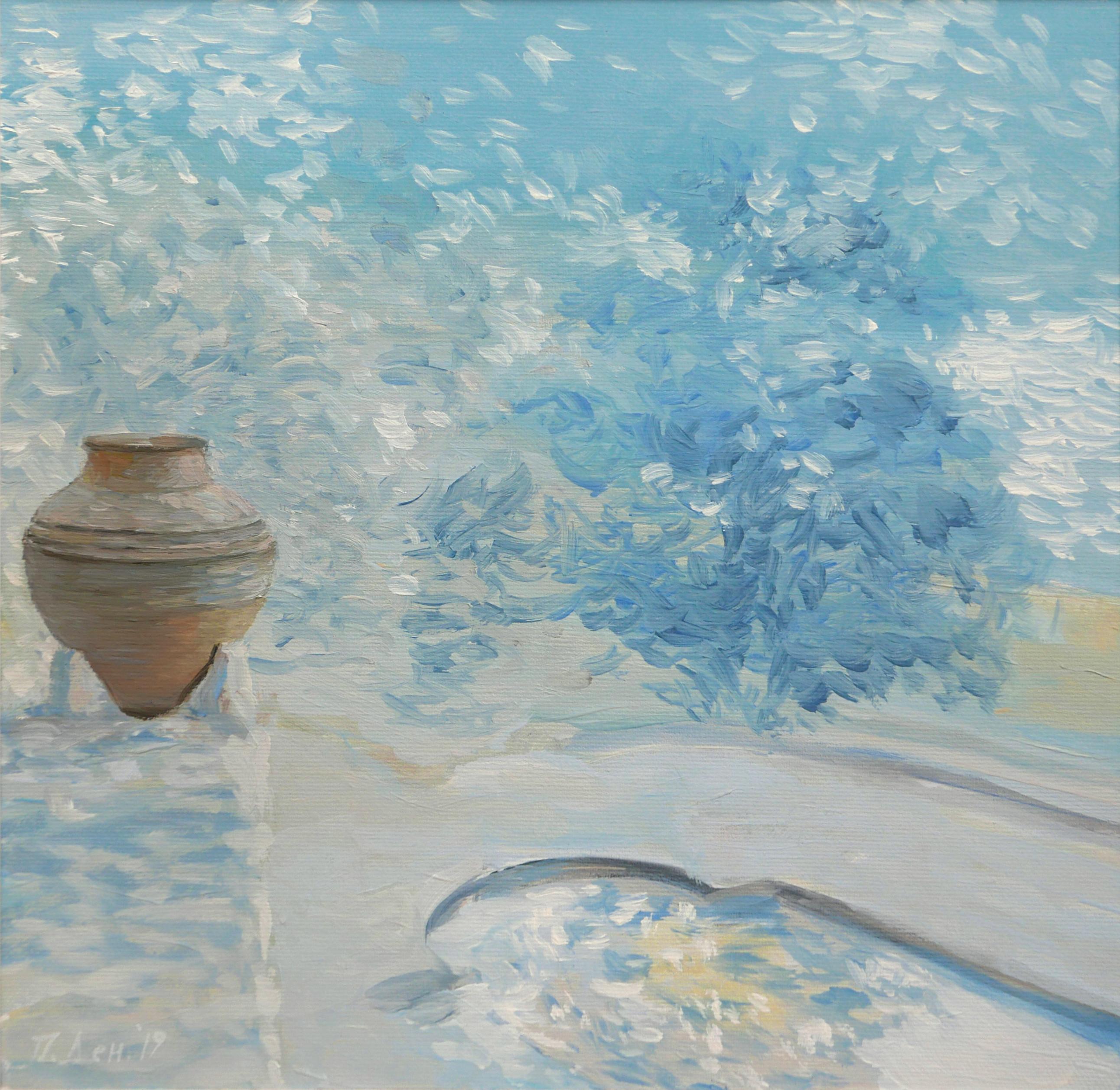 Petya Deneva Landscape Painting – Beside The Sea - Ölgemälde in den Farben Weiß Gelb Blau Braun Grün