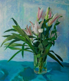 In The Wild World Of The White Flower - Oil Painting White Green Pink Blue