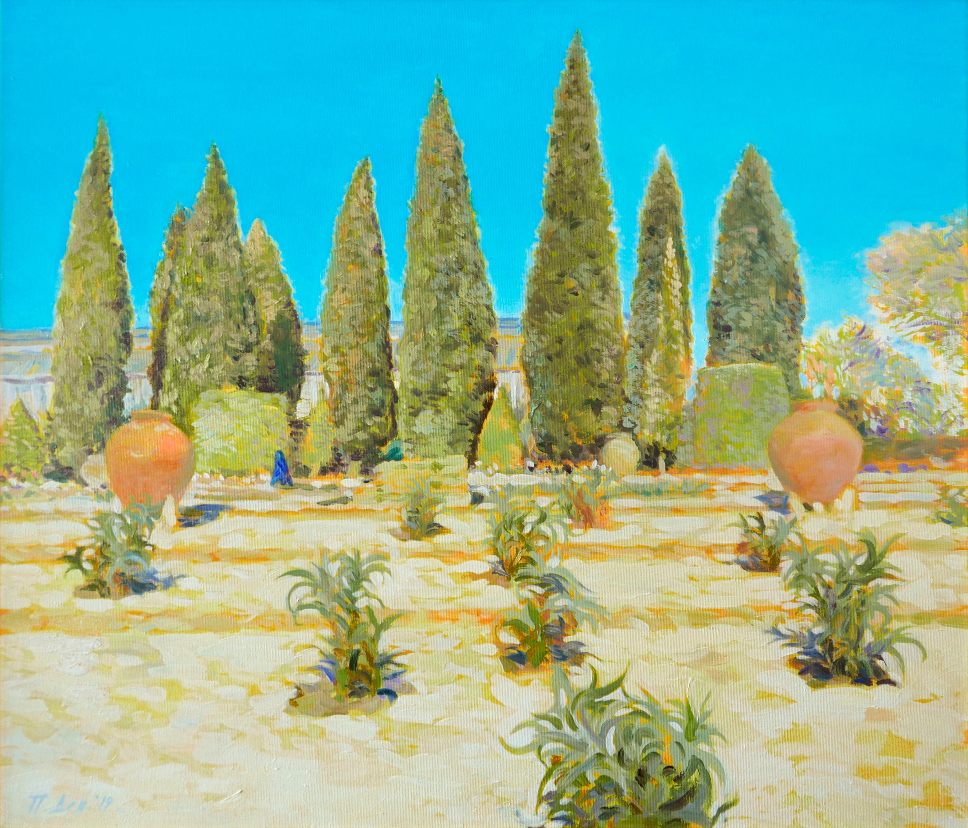 Petya Deneva Landscape Painting - The Garden  - Oil Painting Colors Brown White Yellow Green Orange Blue 