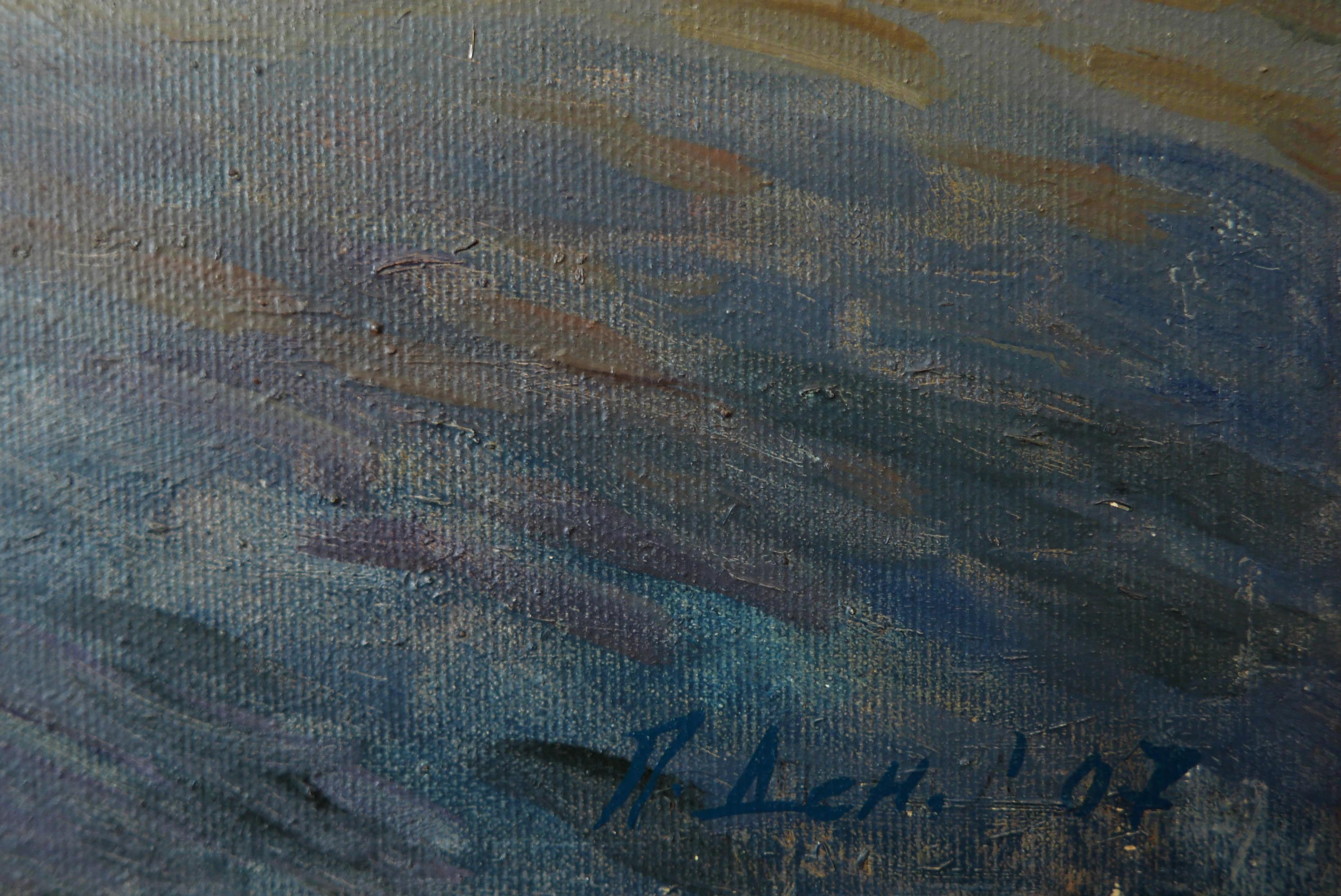 The Little Town - Ölgemälde in den Farben Weiß Gelb Blau Braun Grün (Schwarz), Landscape Painting, von Petya Deneva