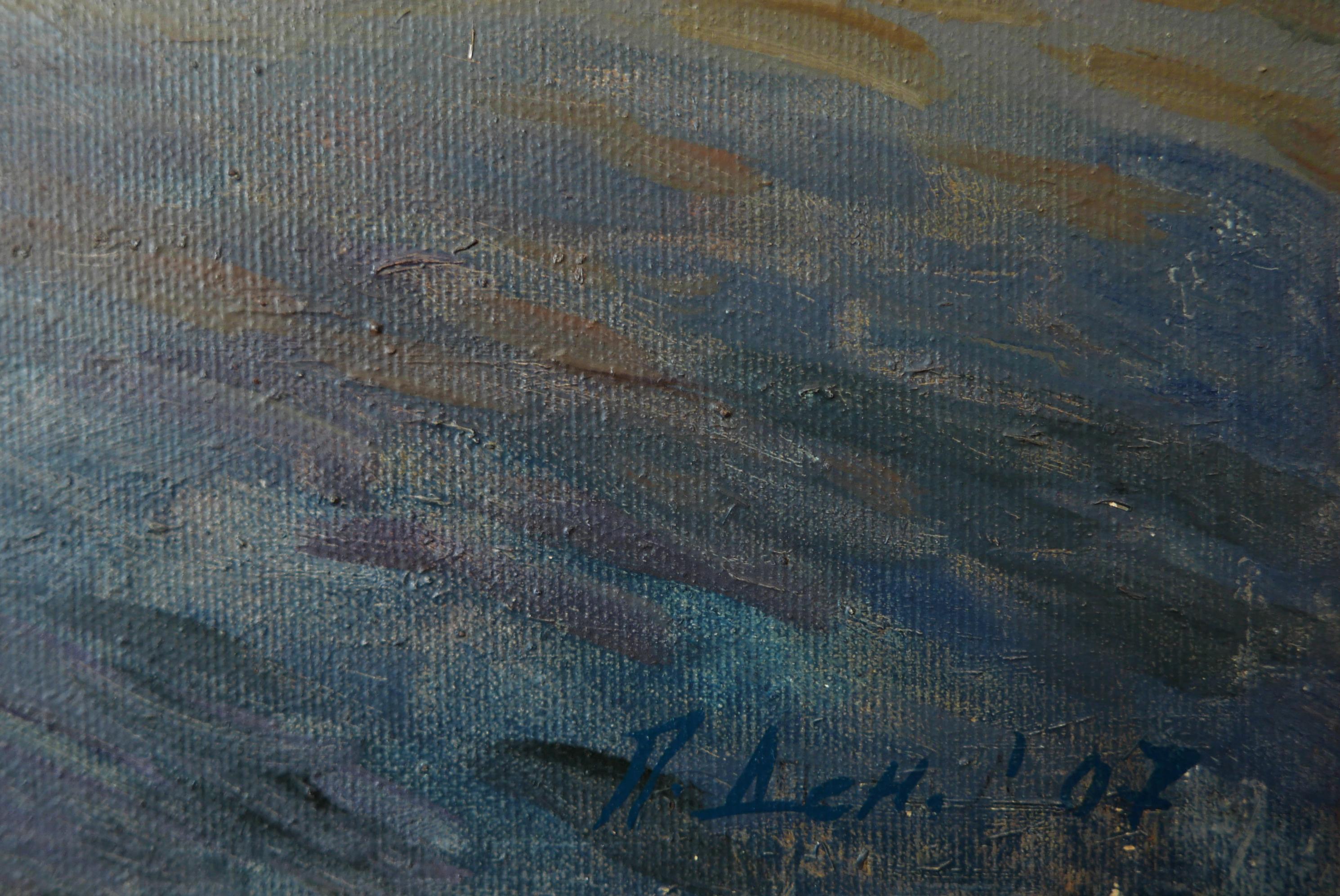 La pequeña ciudad - Pintura al óleo Colores Blanco Amarillo Azul Marrón Verde - Landscape Painting Negro de Petya Deneva