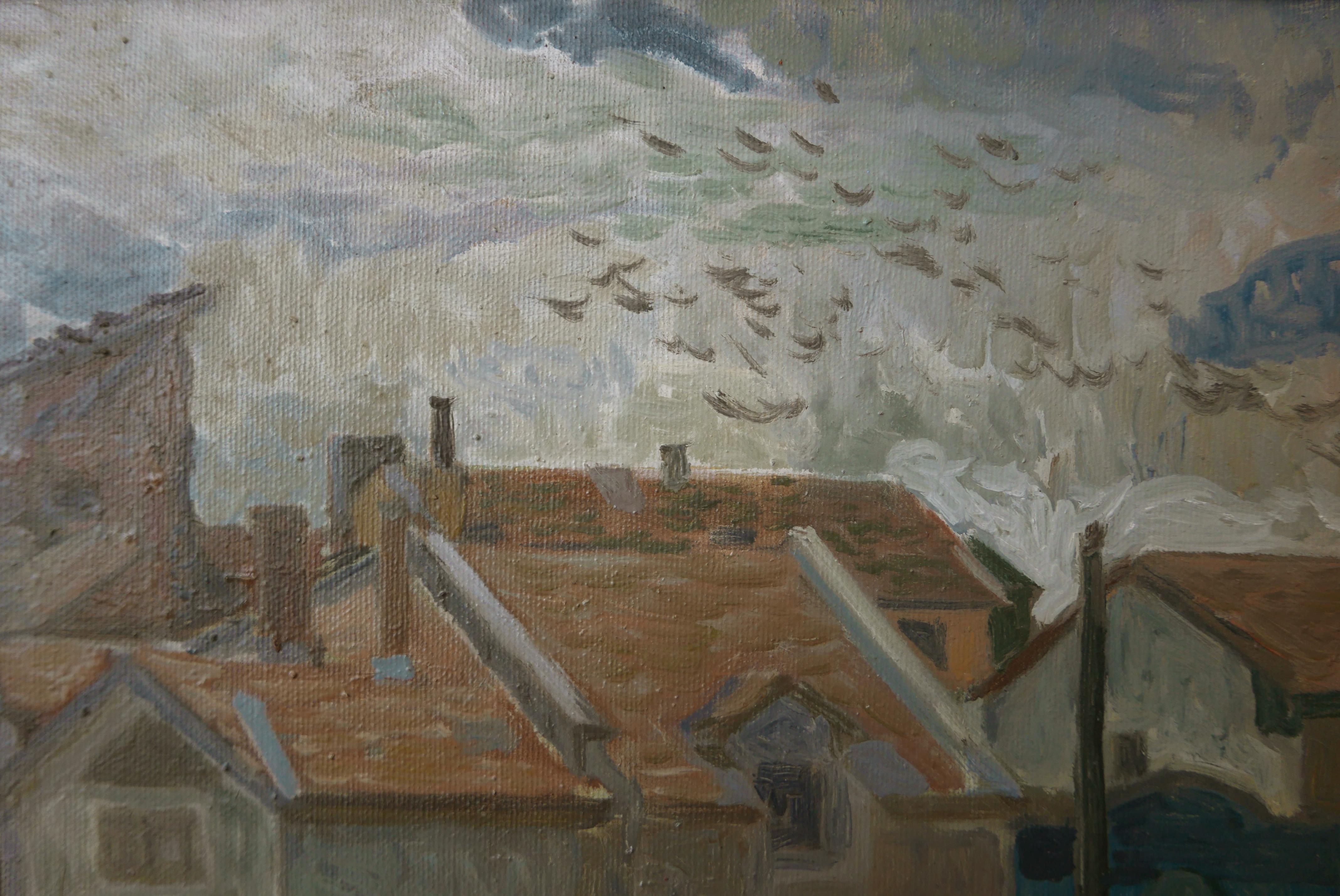 The Little Town - Ölgemälde in den Farben Weiß Gelb Blau Braun Grün (Impressionismus), Painting, von Petya Deneva