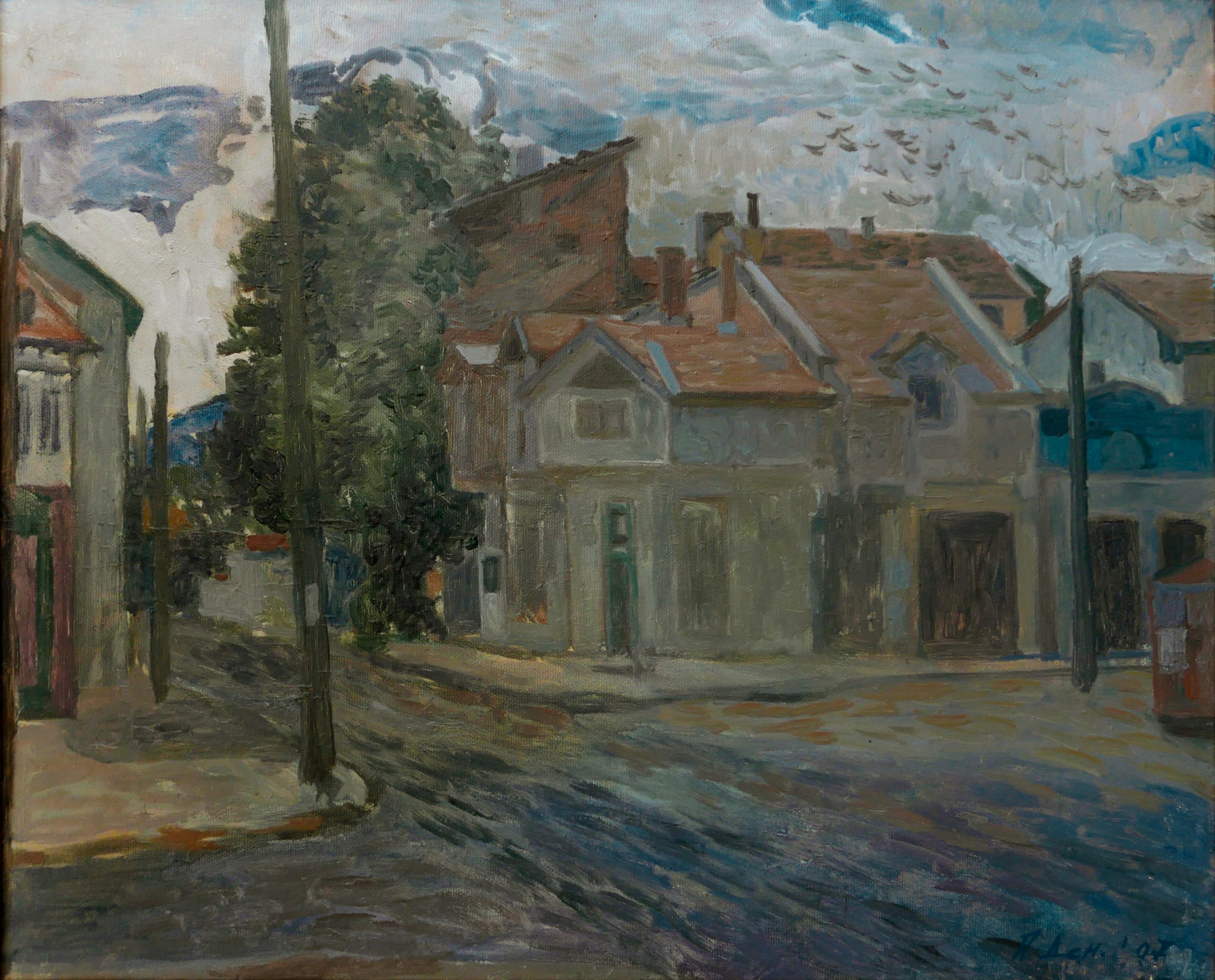 Petya Deneva Landscape Painting – The Little Town - Ölgemälde in den Farben Weiß Gelb Blau Braun Grün