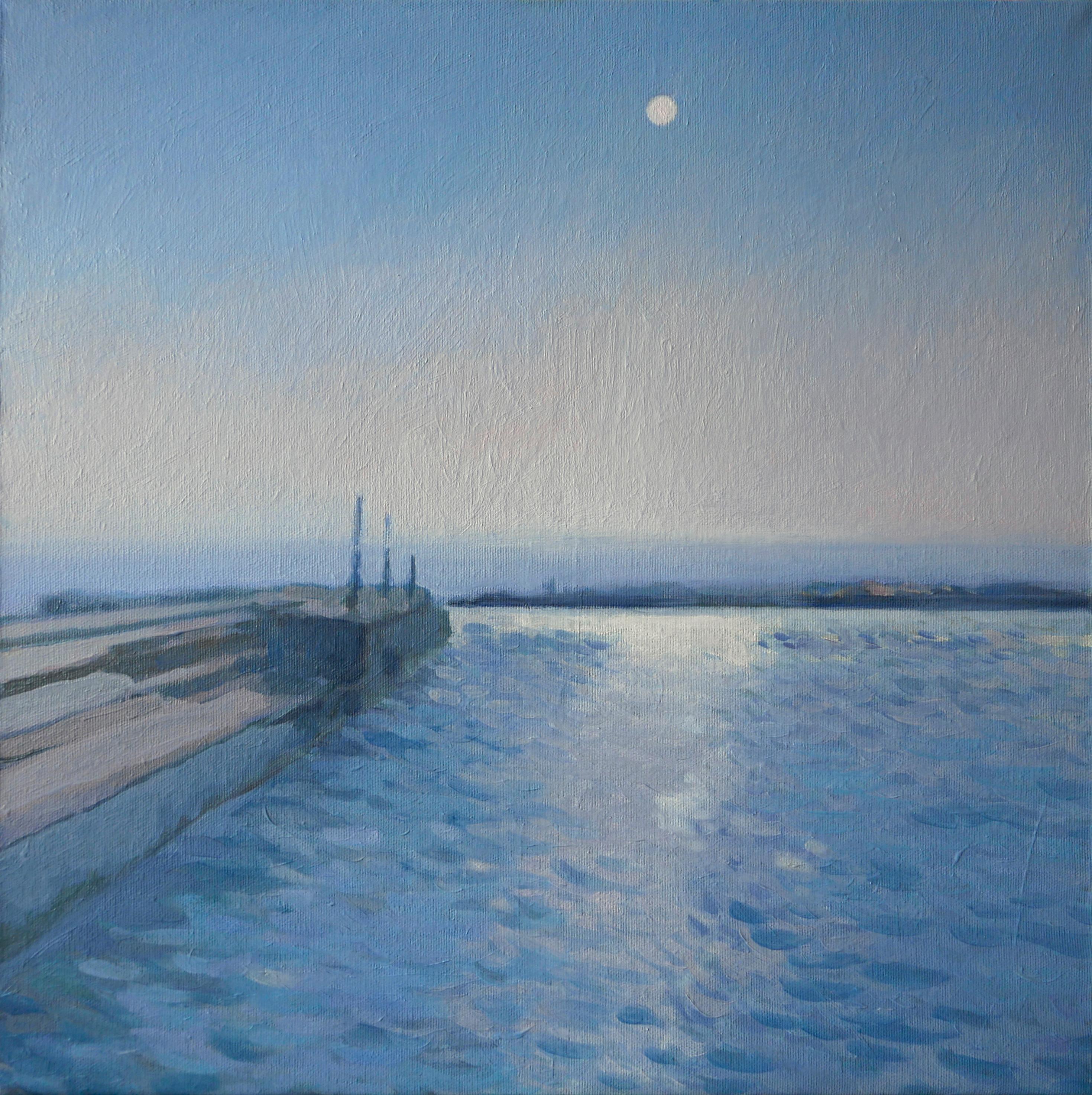 Petya Deneva Landscape Painting - The Sun Is Resting - Oil Painting Colors White Blue 