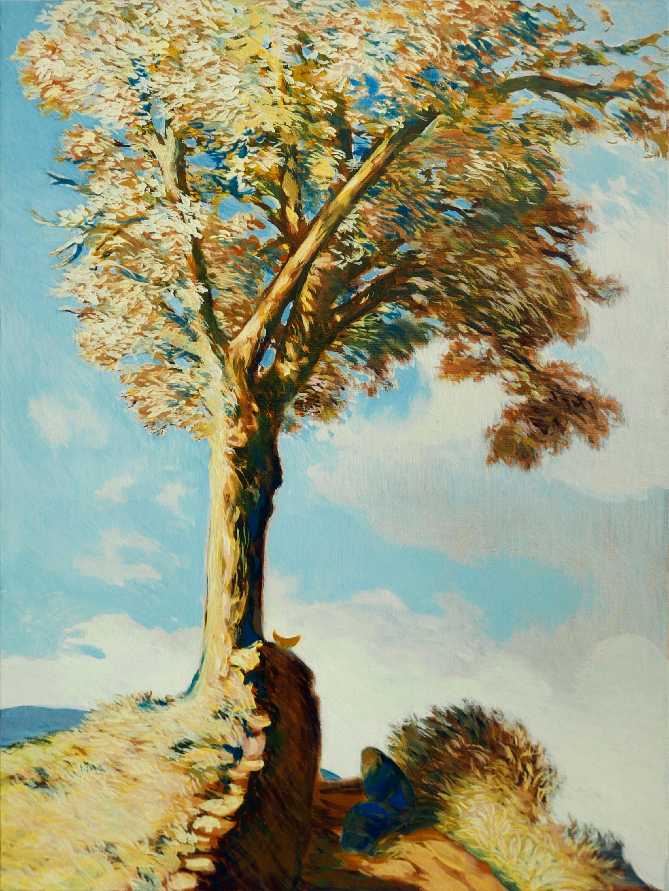 Landscape Painting Petya Deneva - L'arbre de la connaissance - Peinture à l'huile Couleurs Blanc, jaune, orange, bleu, marron et vert