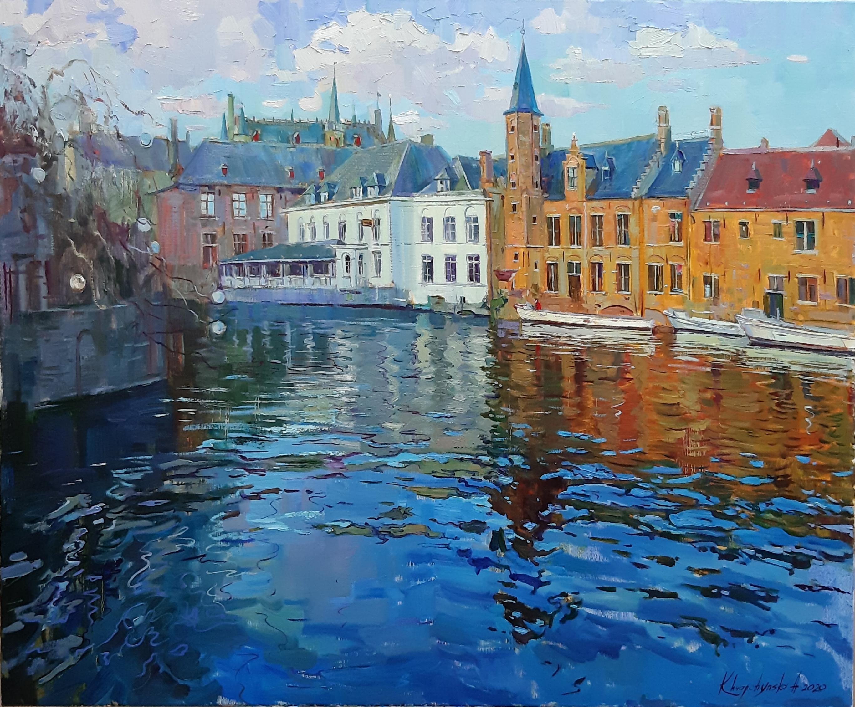 Alina Khrapchynska Landscape Painting - Bruges, Water Surface - Landscape Oil Painting Blue White Brown Orange Grey 