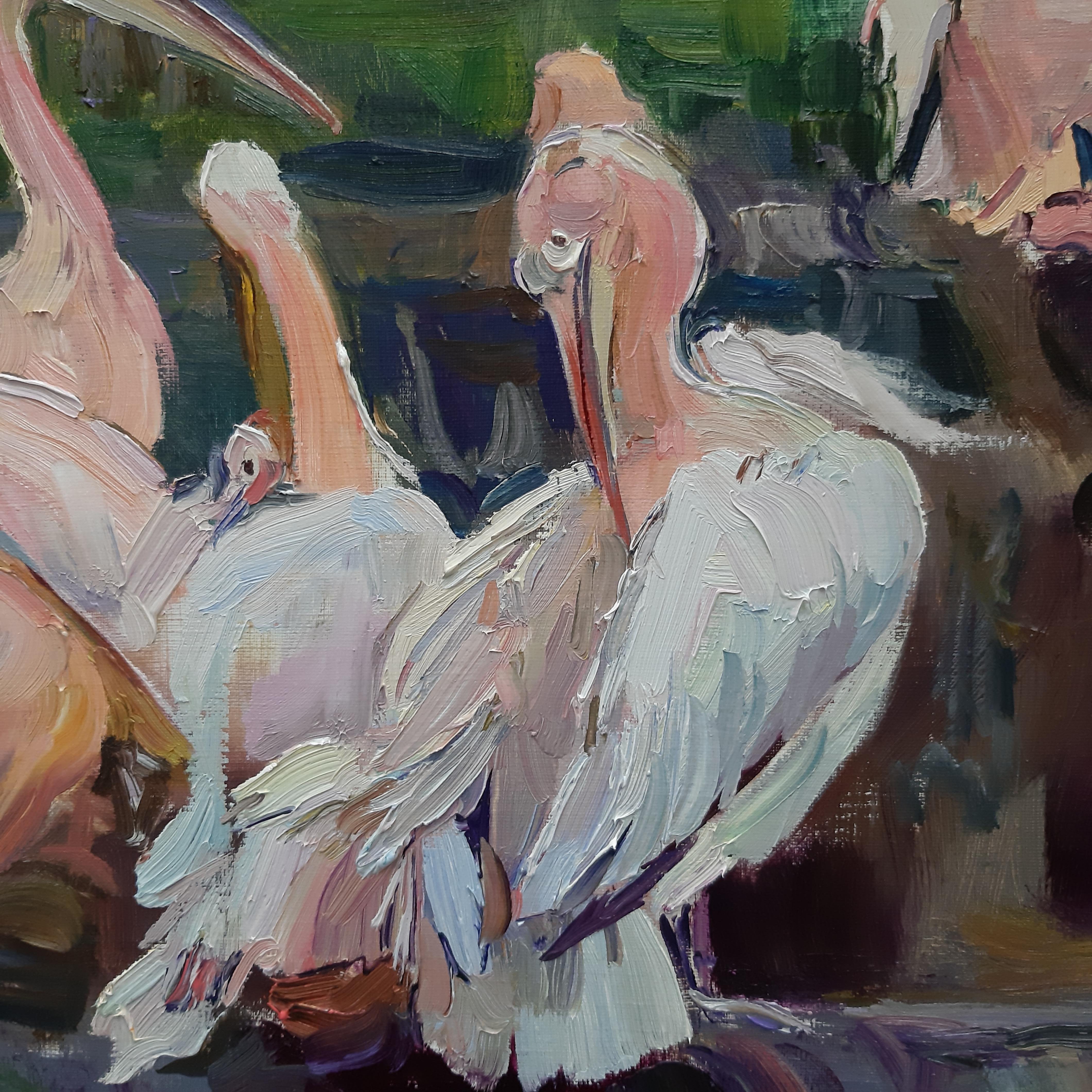 Pink Pelicans - Landscape Oil Painting Colors Blue Pink Green Purple Brown White - Gray Landscape Painting by Alina Khrapchynska