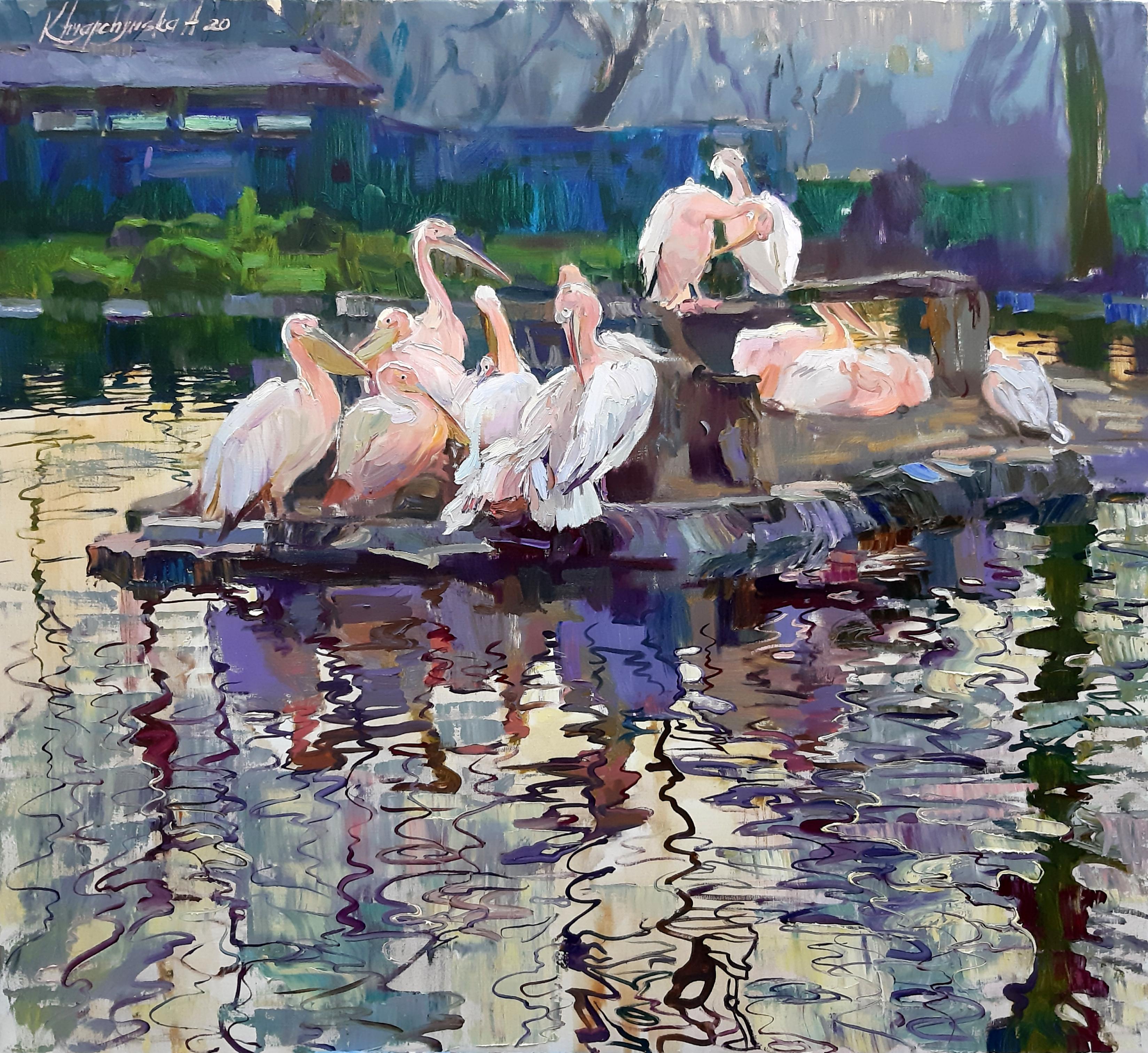 Alina Khrapchynska Landscape Painting - Pink Pelicans - Landscape Oil Painting Colors Blue Pink Green Purple Brown White